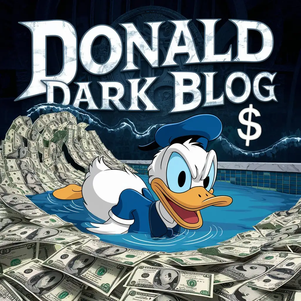 Donald Duck плавает в деньгах и на фоне надпись donald dark blog