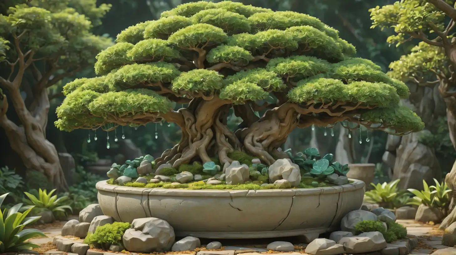 detailed cartoon style, scene of a hedge garden with a giant bonsai tree in a large stone pot. The tree has jade crystals growing from it. The pot looks like it’s part of the ground. 