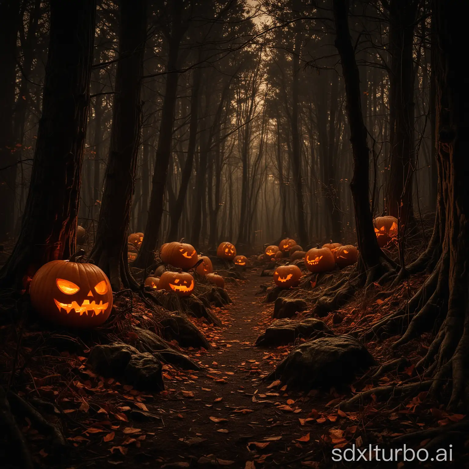 A dark forest illuminated only by the eerie glow of carved pumpkins, strange shapes hidden in the shadows.