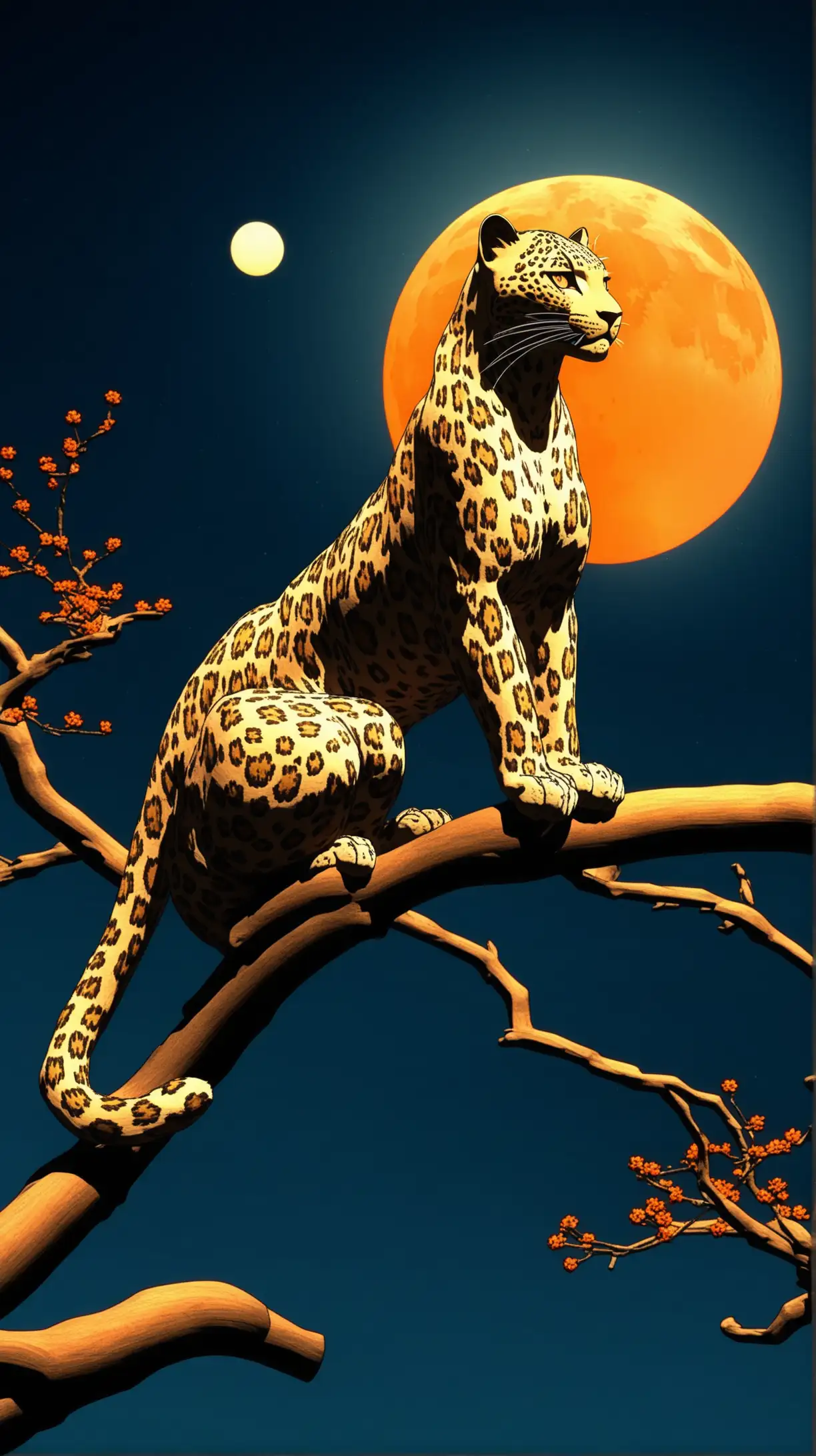 a leopard on a tree branch against an orange full moon and blue sky at night, Ukiyo-E 3D render style