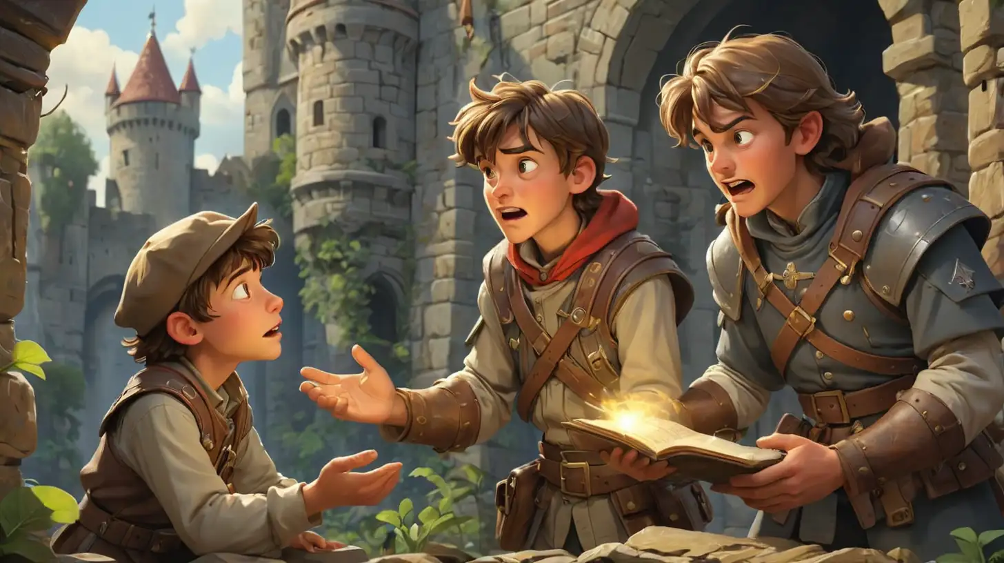 Young Adventurer Communicates with Old Castle Guard About Secret Treasure