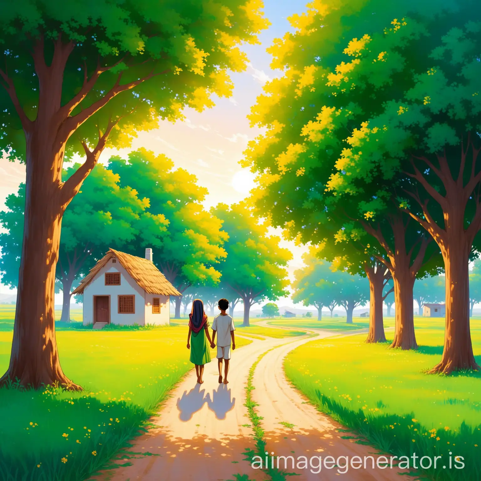 In a small town far away, there were two friends named Maya and Ahmed. They lived in two houses opposite one another along a road that ran through green fields and under large trees.