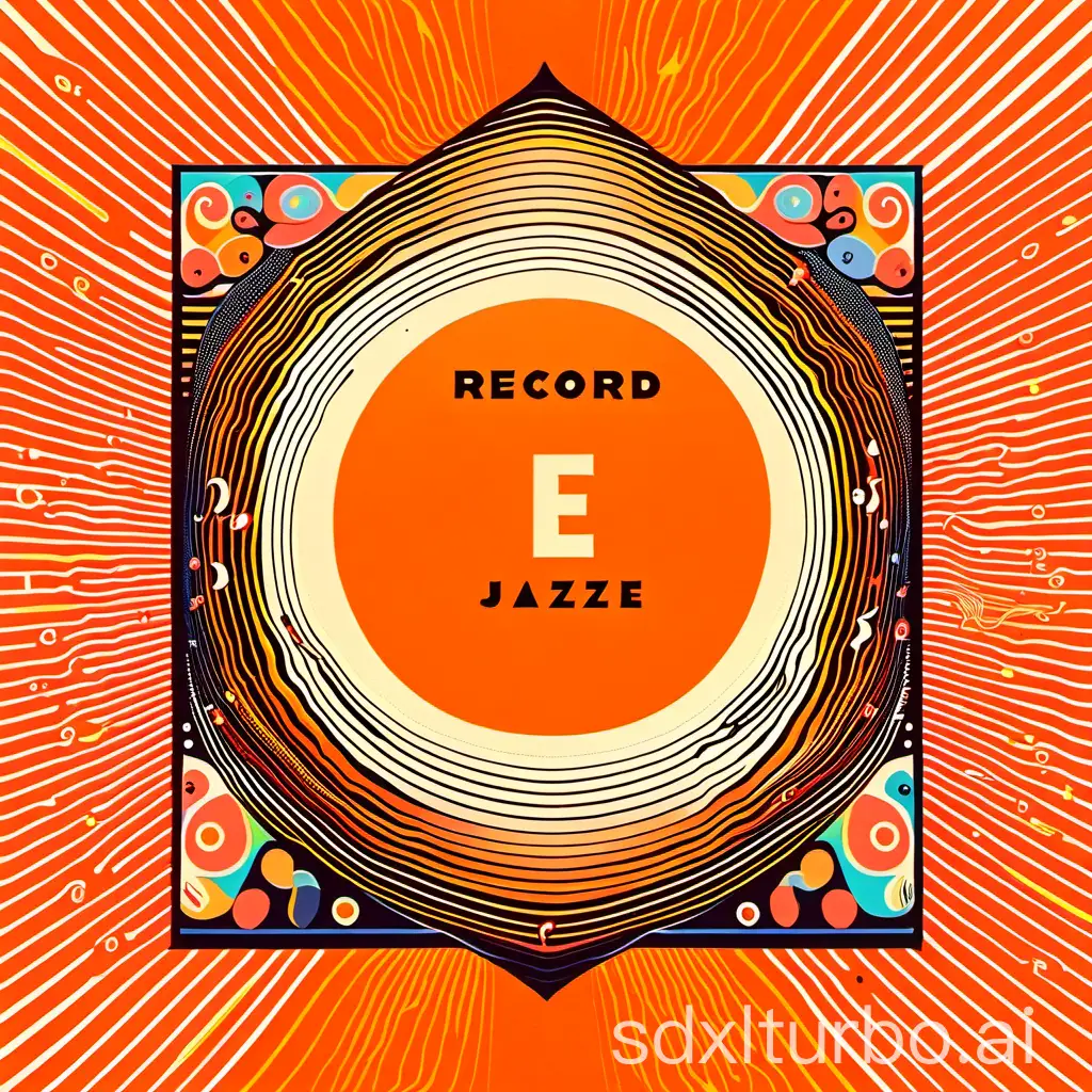 Record cover in psychedelic jazz style.
Saxophone, trumpet, and piano should be visible.
The color tones should range from white to yellow, orange, and brown.
In the corners, the letter E should be written in an older font.