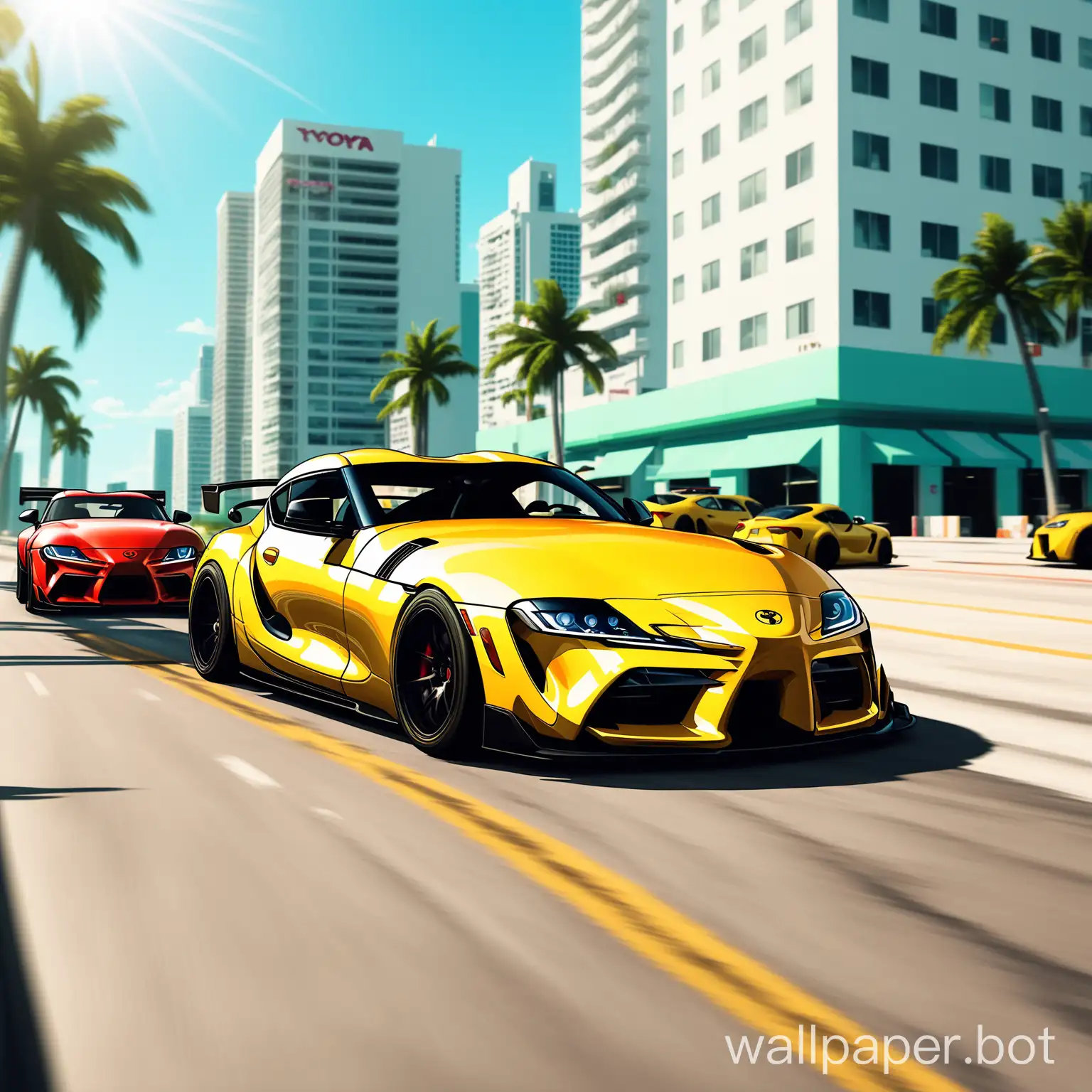 A yellow Toyota Supra with a wide body kit, racing on the streets of Miami. Buildings are in the background and it is a sunny day. The artwork is in the style of a Grand Theft Auto game with high resolution and vibrant, bold colors. The composition is cinematic.