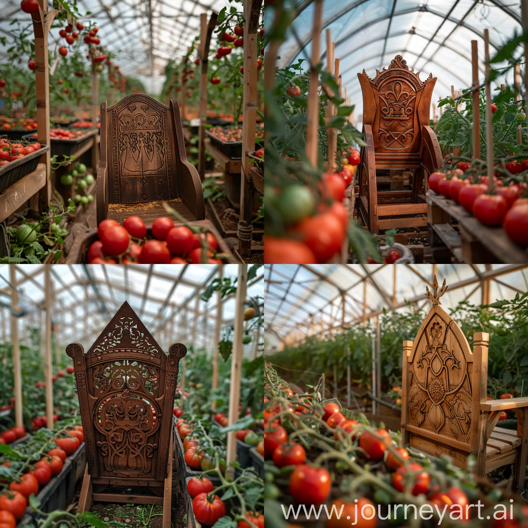 Greenhouse-Interior-with-Tomato-Plants-and-Wooden-Throne
