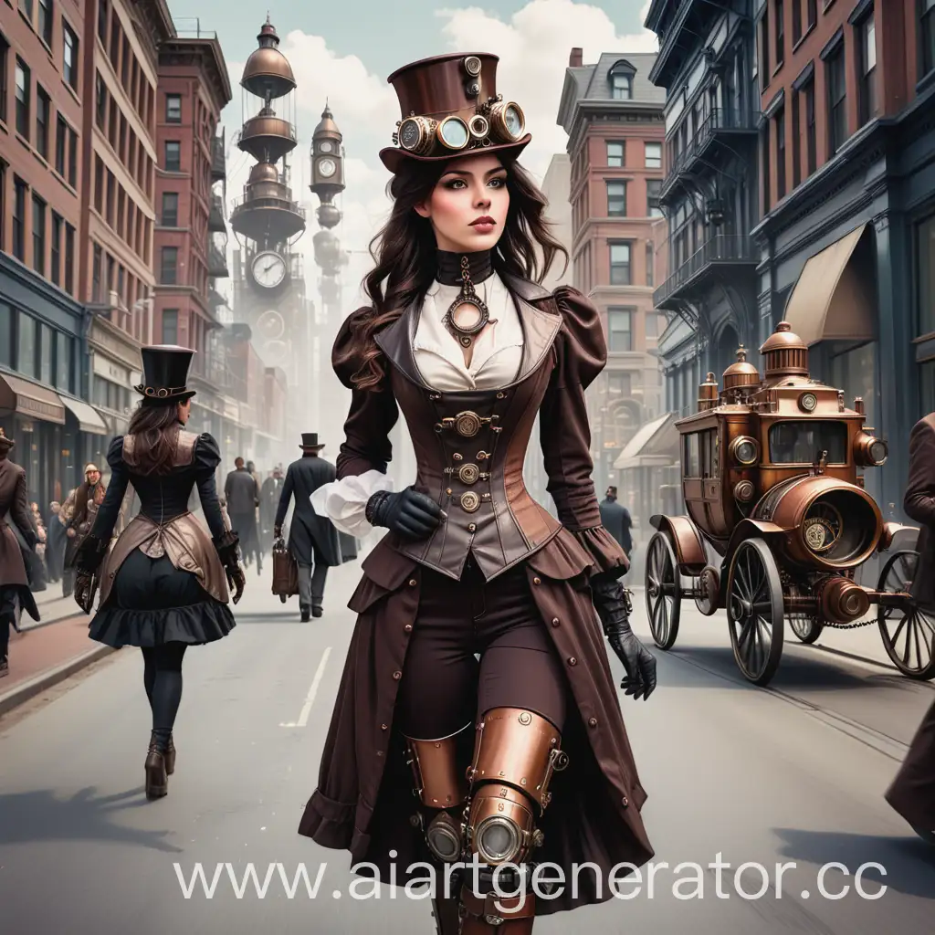 Steampunk-Style-Brunette-Strolling-Through-Bustling-Victorian-Cityscape