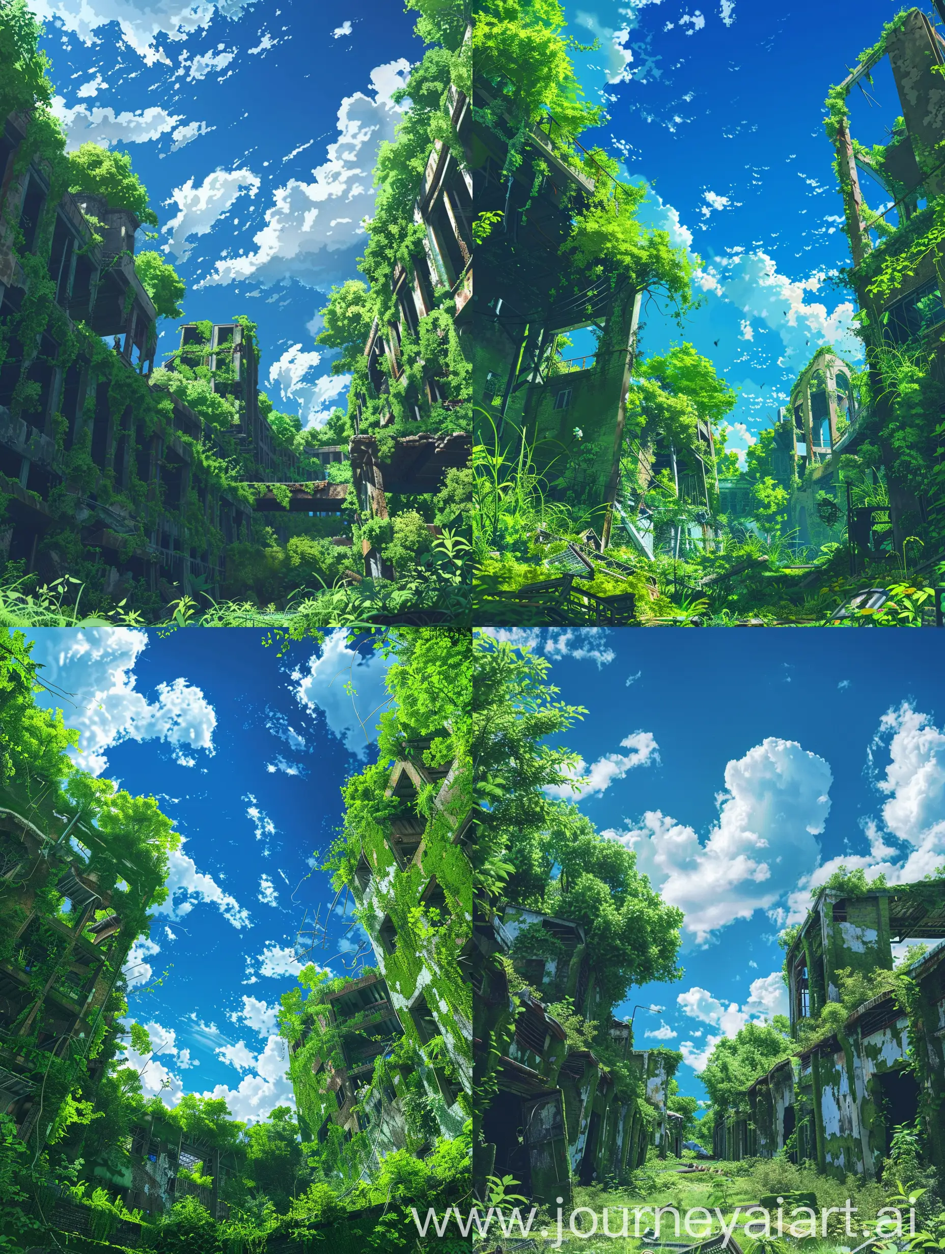 Abandoned-City-Overgrown-with-Lush-Greenery-Studio-Ghibli-Anime-Style