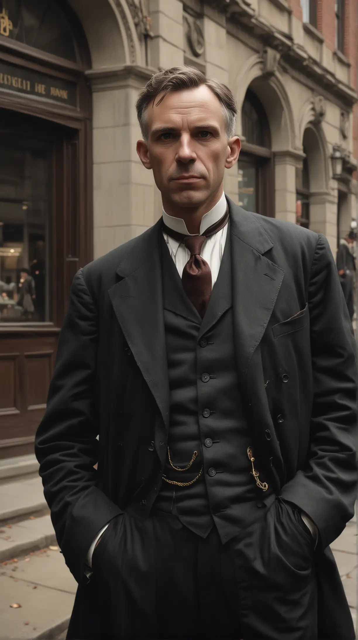 Cinematic and dramatic, realistic portrait.  
Era: 1896
Standing outside the bank, 
Scene: Henry Ford
