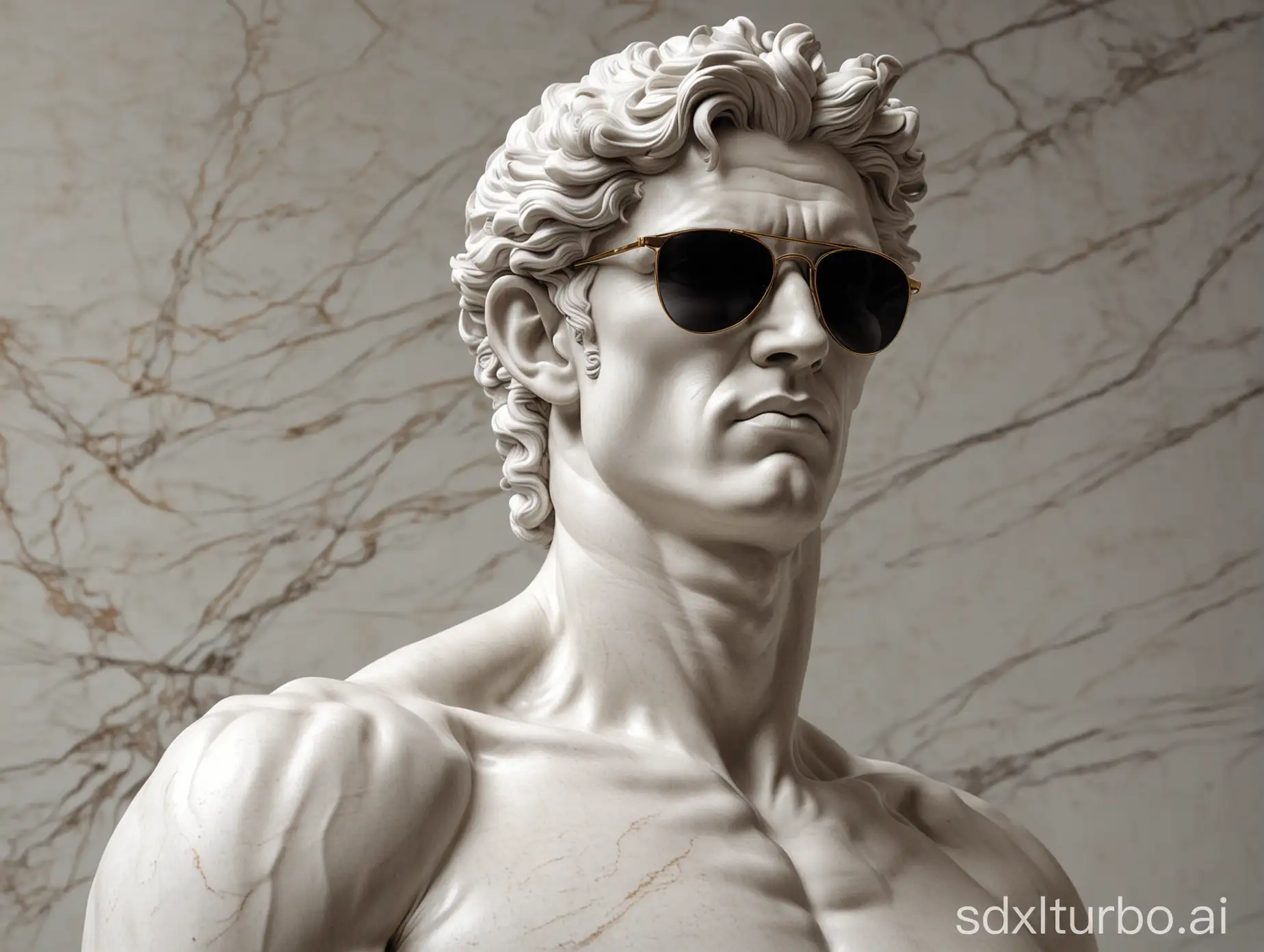 the David statue by Michelangelo in white marble, sunglasses, hyper-realistic, hyper-detailed, 8k, only one head