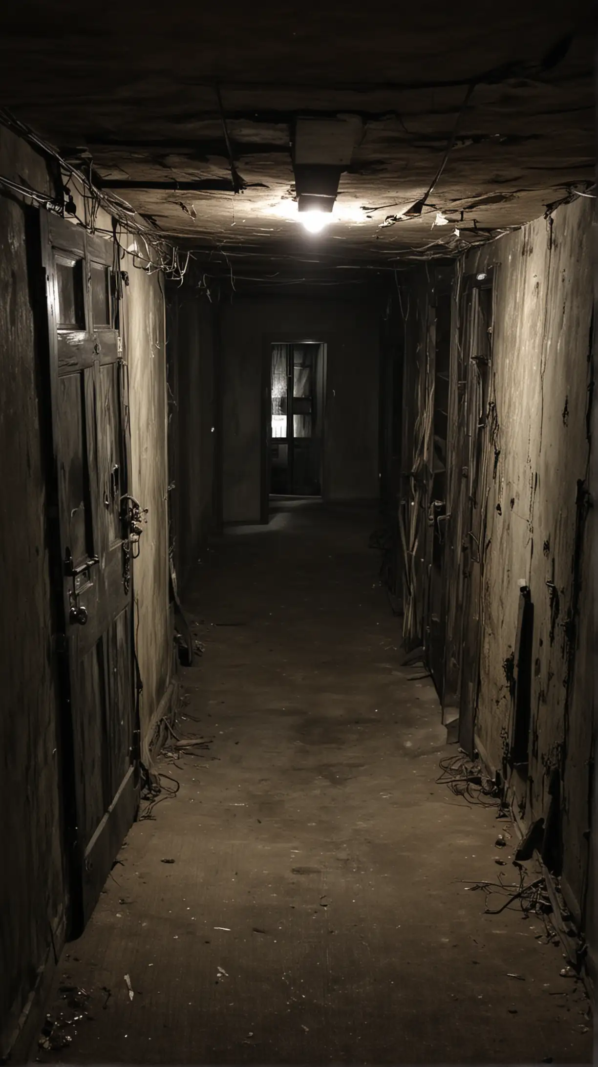 Very dark and scary basement with doors at the end 