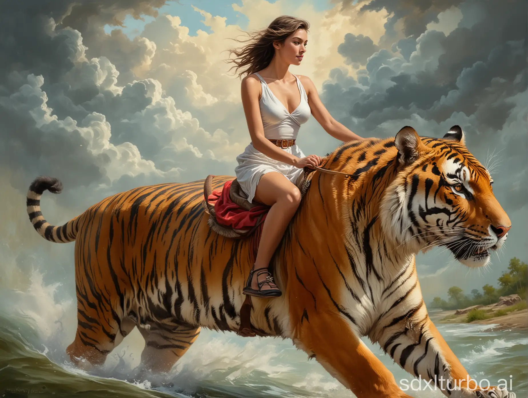 beautiful woman riding tiger, oil painting