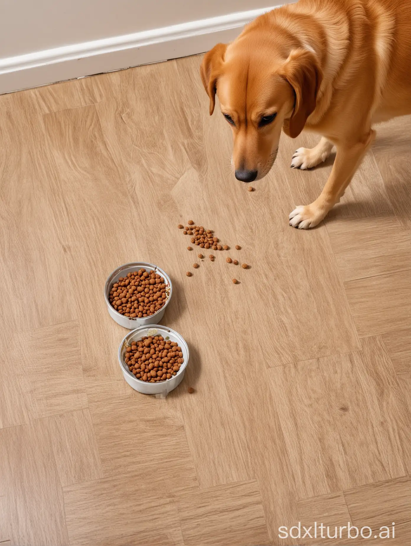 There is a dog eating dog food on the floor.