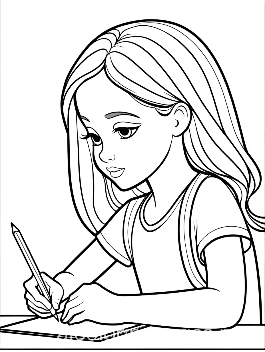 create a coloring page of a girl writing her name con a paper, Coloring Page, black and white, line art, white background, Simplicity, Ample White Space. The background of the coloring page is plain white to make it easy for young children to color within the lines. The outlines of all the subjects are easy to distinguish, making it simple for kids to color without too much difficulty