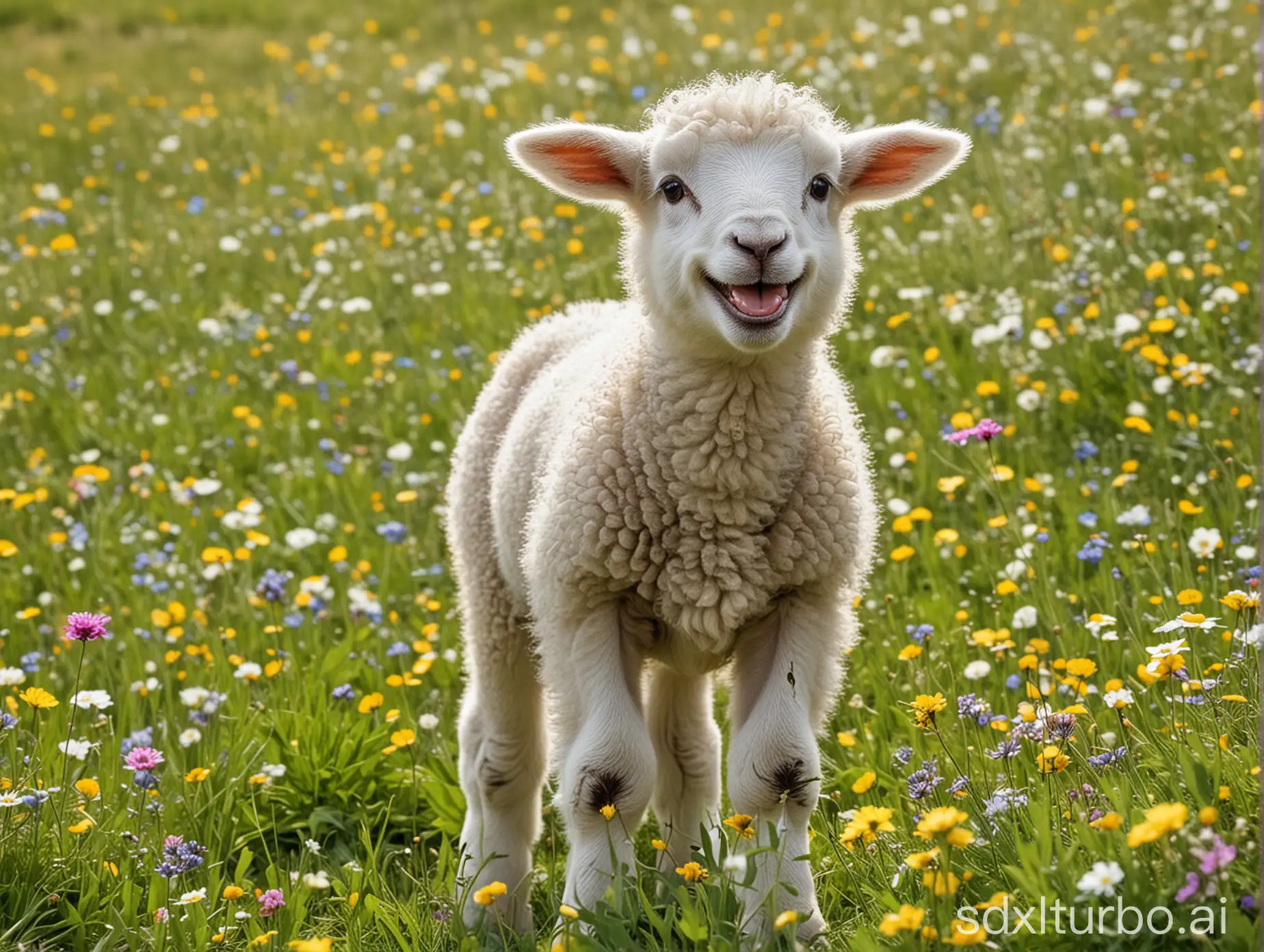 smiling lamb on a meadow of flowers