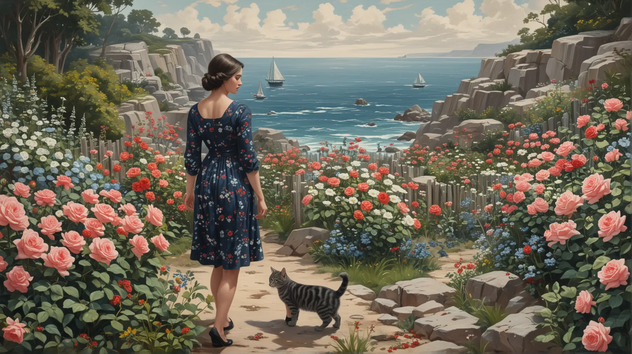 in the style of Charles Courtney Curren, a painting seen from a distance a woman with dark hair dressed in a short navy blue floral print sheath dress seen from a distance tending her flower garden with roses and other flowers, two gray tabby cats accompany her, depth of field to a glimpse of ocean with a rocky shore