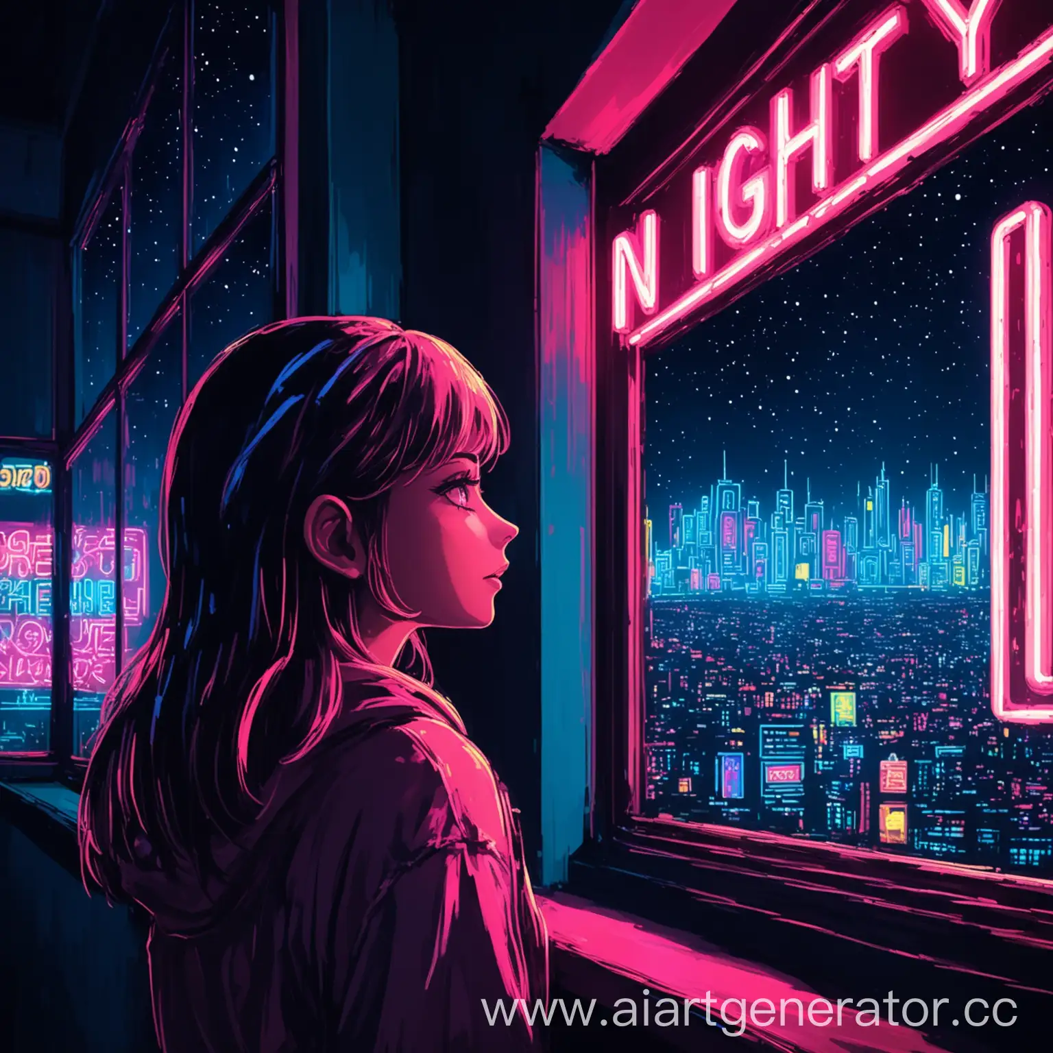 The girl looks out the window and sees the night city in neon signs