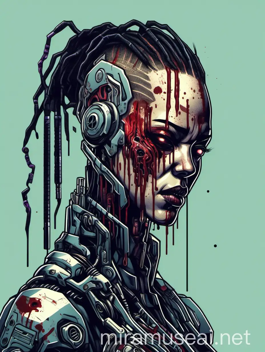 A cyberpunk illustration of a cyborg with a bleeding scalp, digital art 