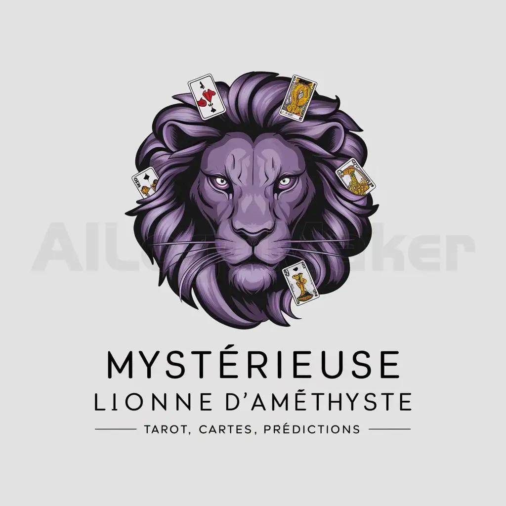 a logo design,with the text "Mystérieuse lionne d'améthyste", main symbol:lion, violet, tarot, cartes, prédictions,Moderate,clear background