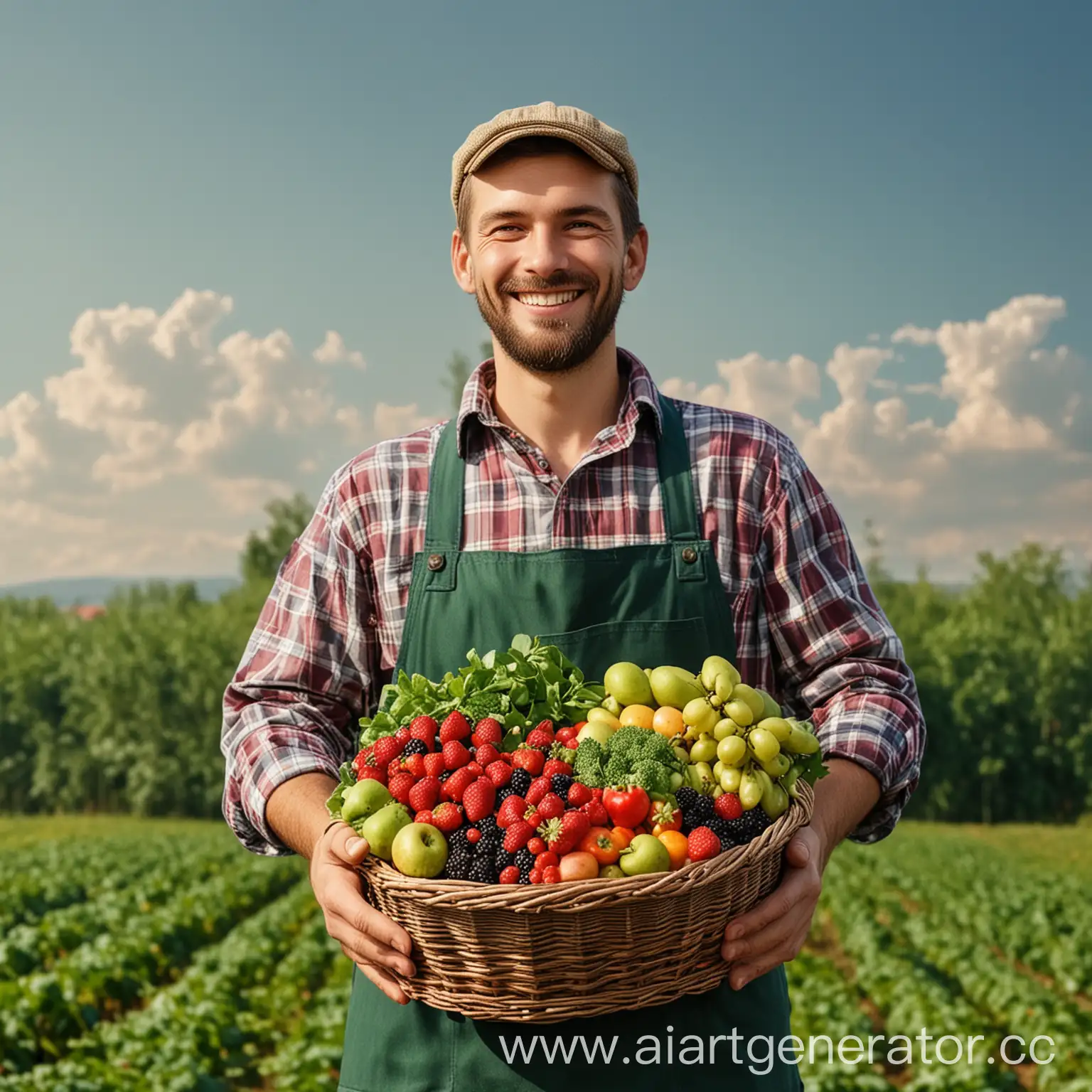 Realistic farmer in a green apron. In his hands he holds a basket with a rich harvest. In the basket: berries, vegetables and fruits. The farmer is smiling and happy about his rich harvest.