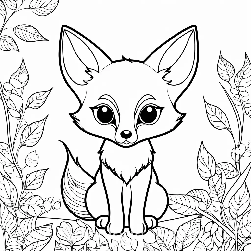 cute big eyed fox with leaves background, Coloring Page, black and white, line art, white background, Simplicity, Ample White Space. The background of the coloring page is plain white to make it easy for young children to color within the lines. The outlines of all the subjects are easy to distinguish, making it simple for kids to color without too much difficulty