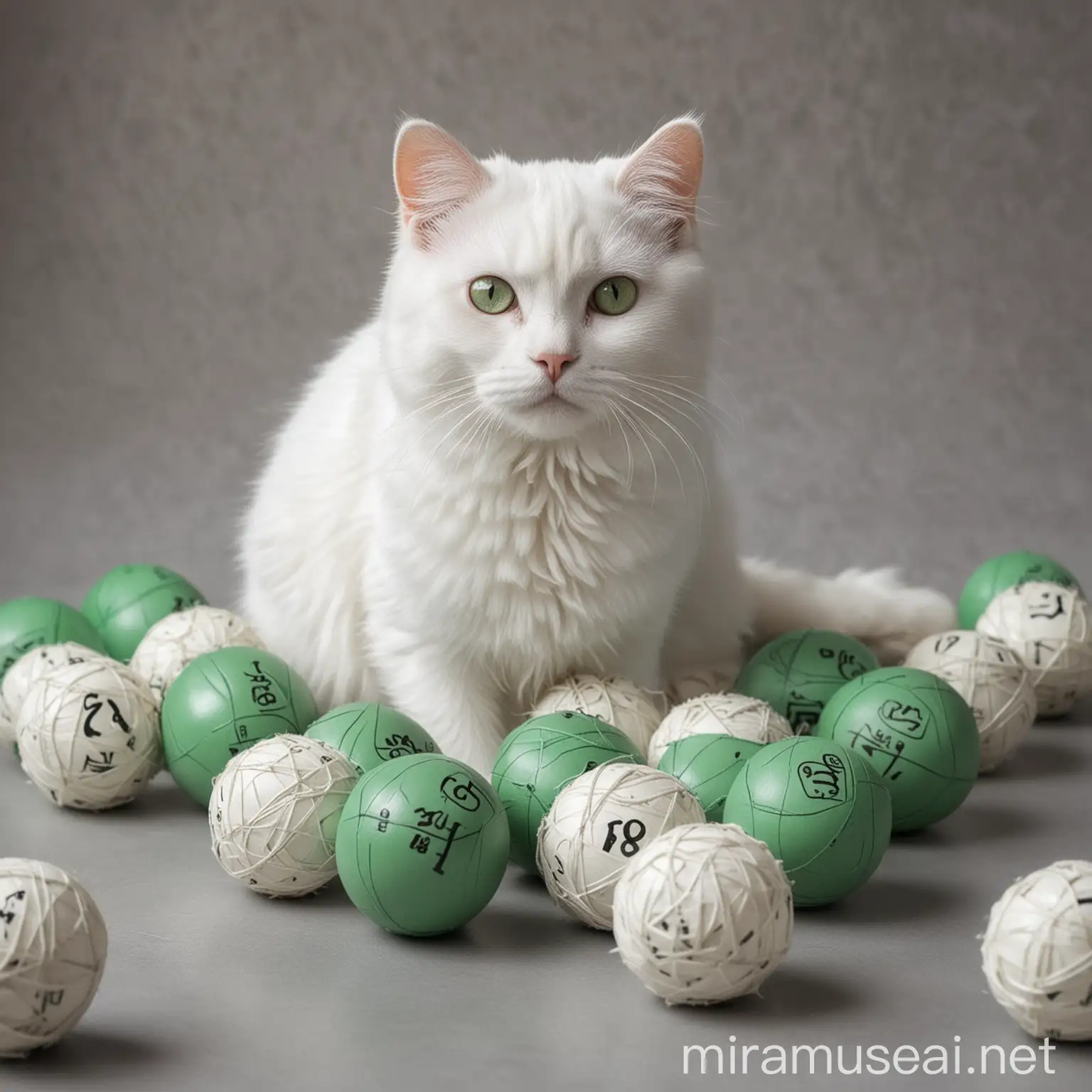 White Cat Sitting Next to a Bundle of Nine Balls in Green and Silver Tones
