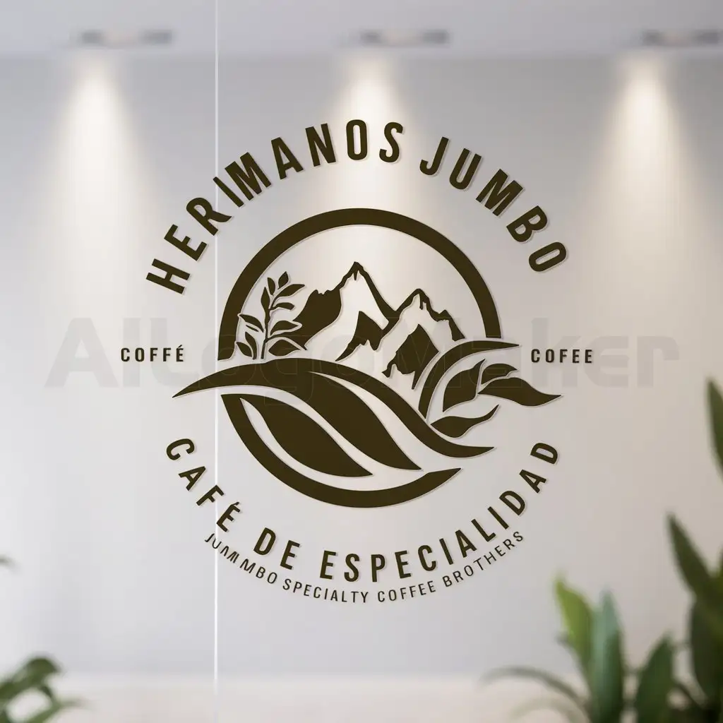 a logo design,with the text "HERMANOS JUMBO CAFÉ DE ESPECIALIDAD", main symbol:a logo design, with the text 'JUMBO SPECIALTY COFFEE BROTHERS', main symbol: a coffee bean, coffee plants and mountains,complex,be used in Restaurant industry,clear background