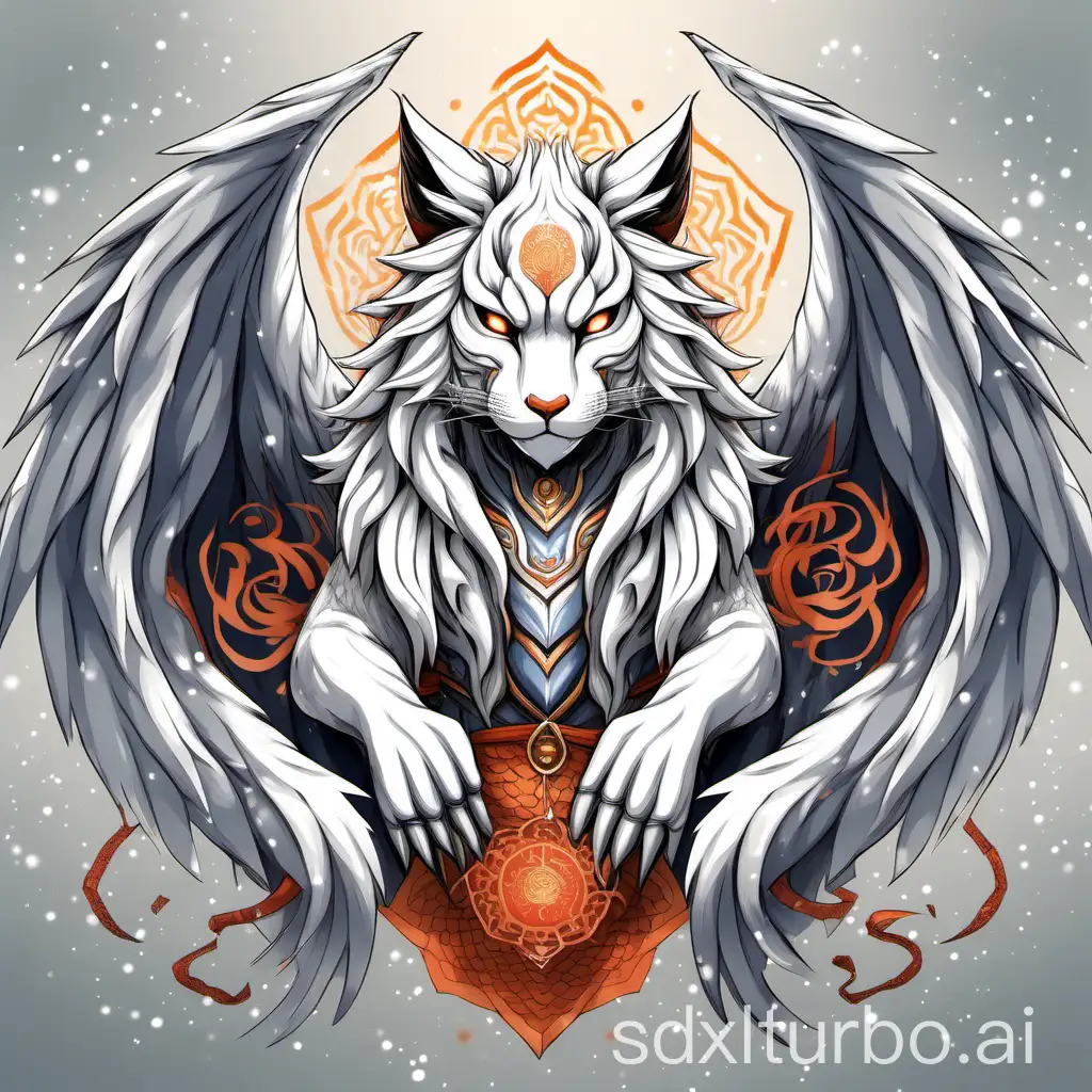 a nine-tailed fox with ears of a white tiger, dragon scales, dragon claws, snowy eagle wings