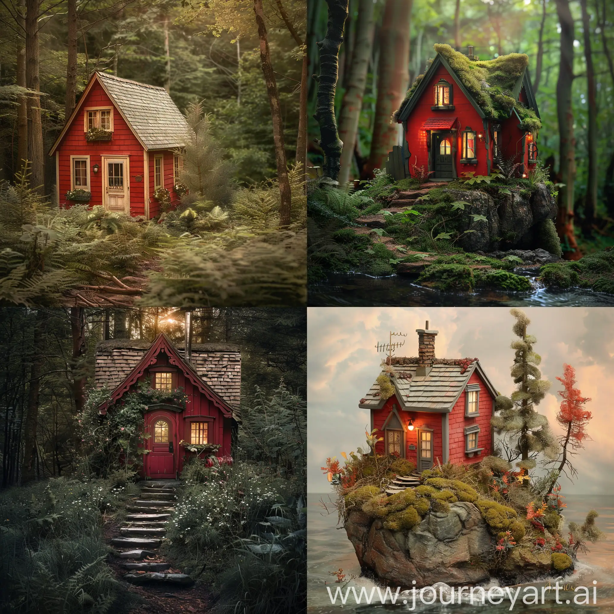 on the threshold between the two worlds, there is a tiny cozy red house

