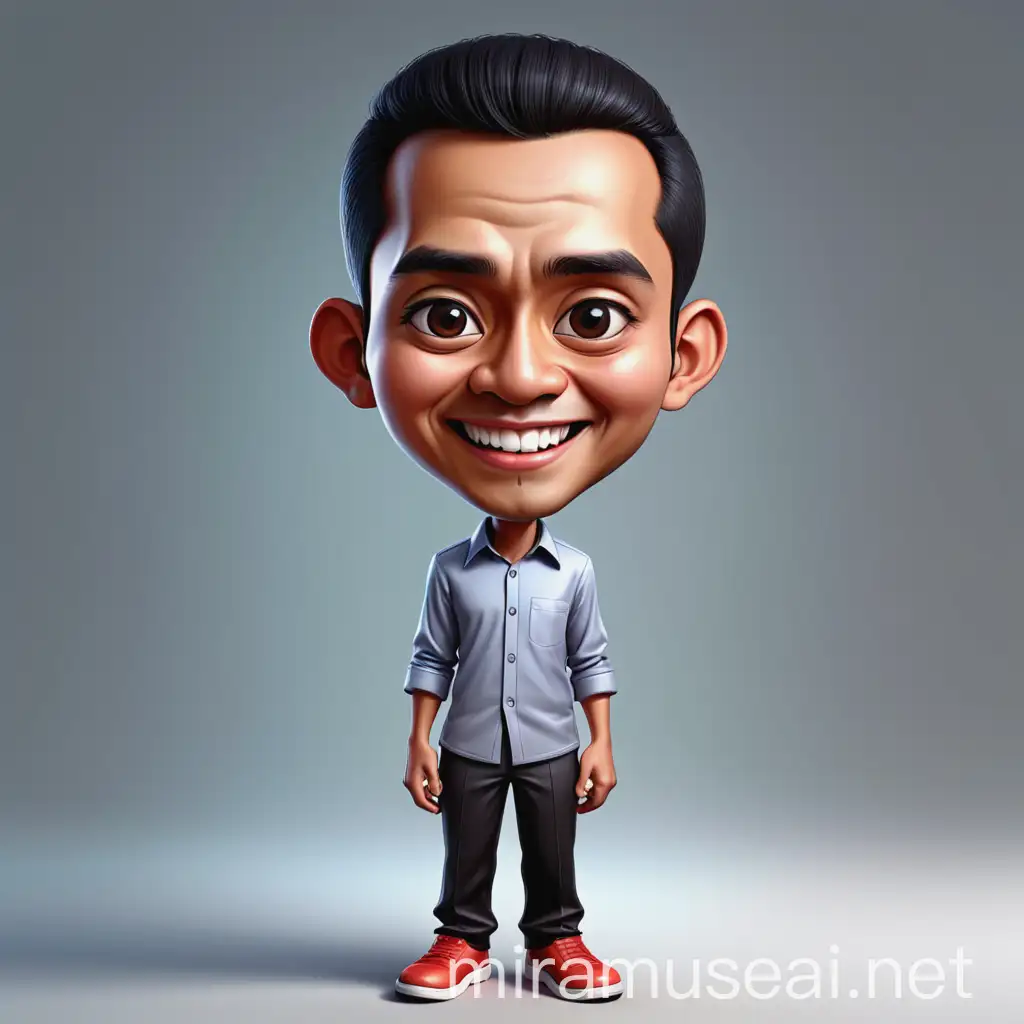 Create a realistic full body 4D cartoon caricature with a big head. Digital portrait of an Indonesian man aged between 7-8 years. He had fair skin, and undercut hair. He has a square face, thick and neat black eyebrows, normal black eyes, a small, sharp nose, and a friendly smile. mouth closed. wear Muslim clothes. The style should be photorealistic with a touch of anime or 3D character design, high detail, bright colors and soft lighting