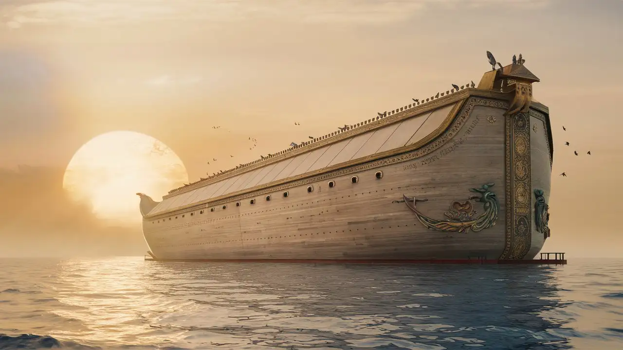 Majestic Ark Floating on Tranquil Waters at Sunrise