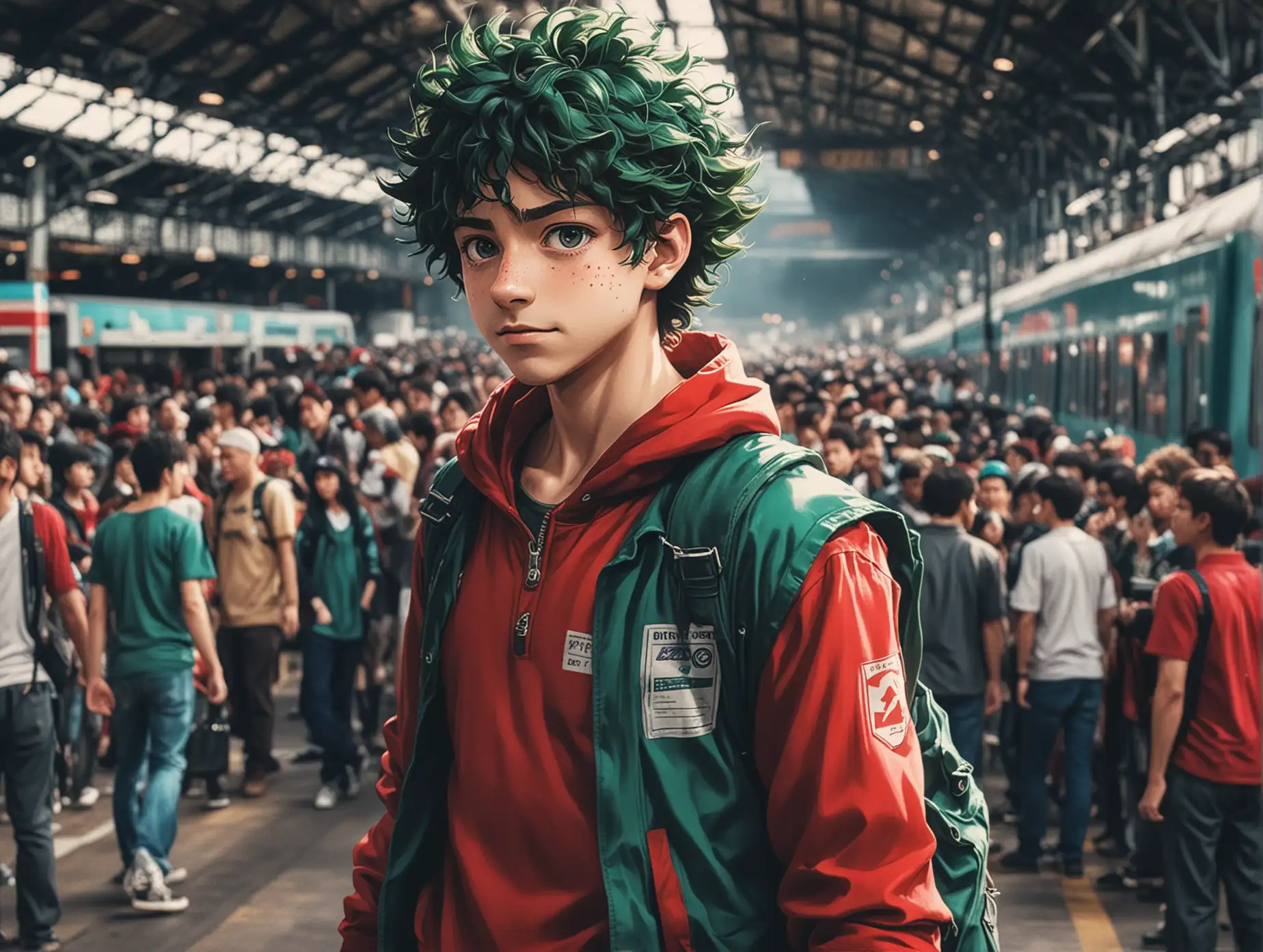 man in red in middle, looks like Izuku Midoriya, is on train station, amoung the crowd, in the background, and prepare to enter in the train, in anime style