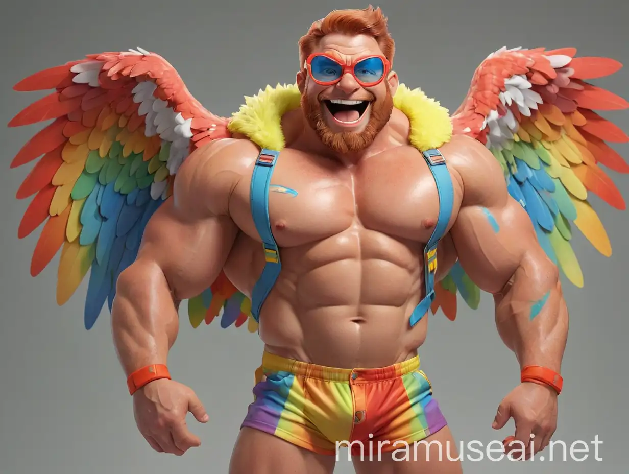 Muscular 40s Bodybuilder Flexing in Colorful Eagle Wing Jacket