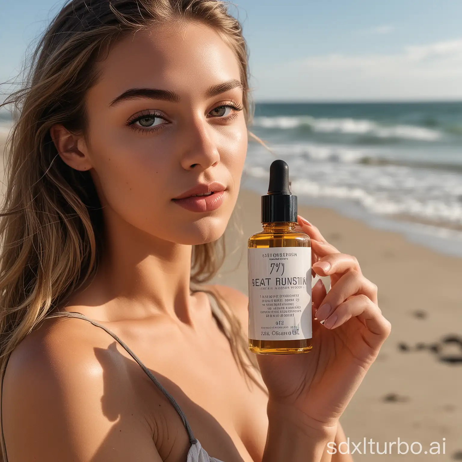 A European American female model holds a 70ml capacity beauty oil product on the beach