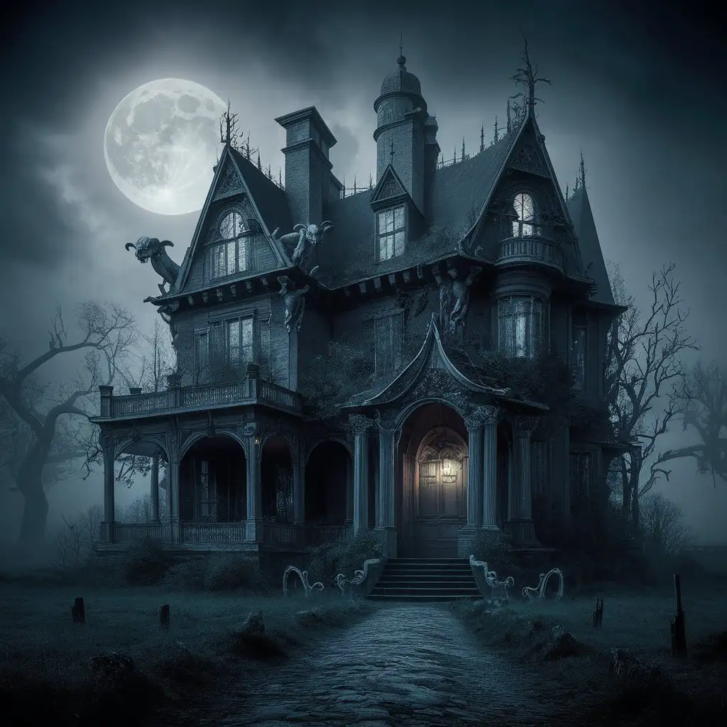 An eerie, gothic-style portrait of a haunted house under a full moon.