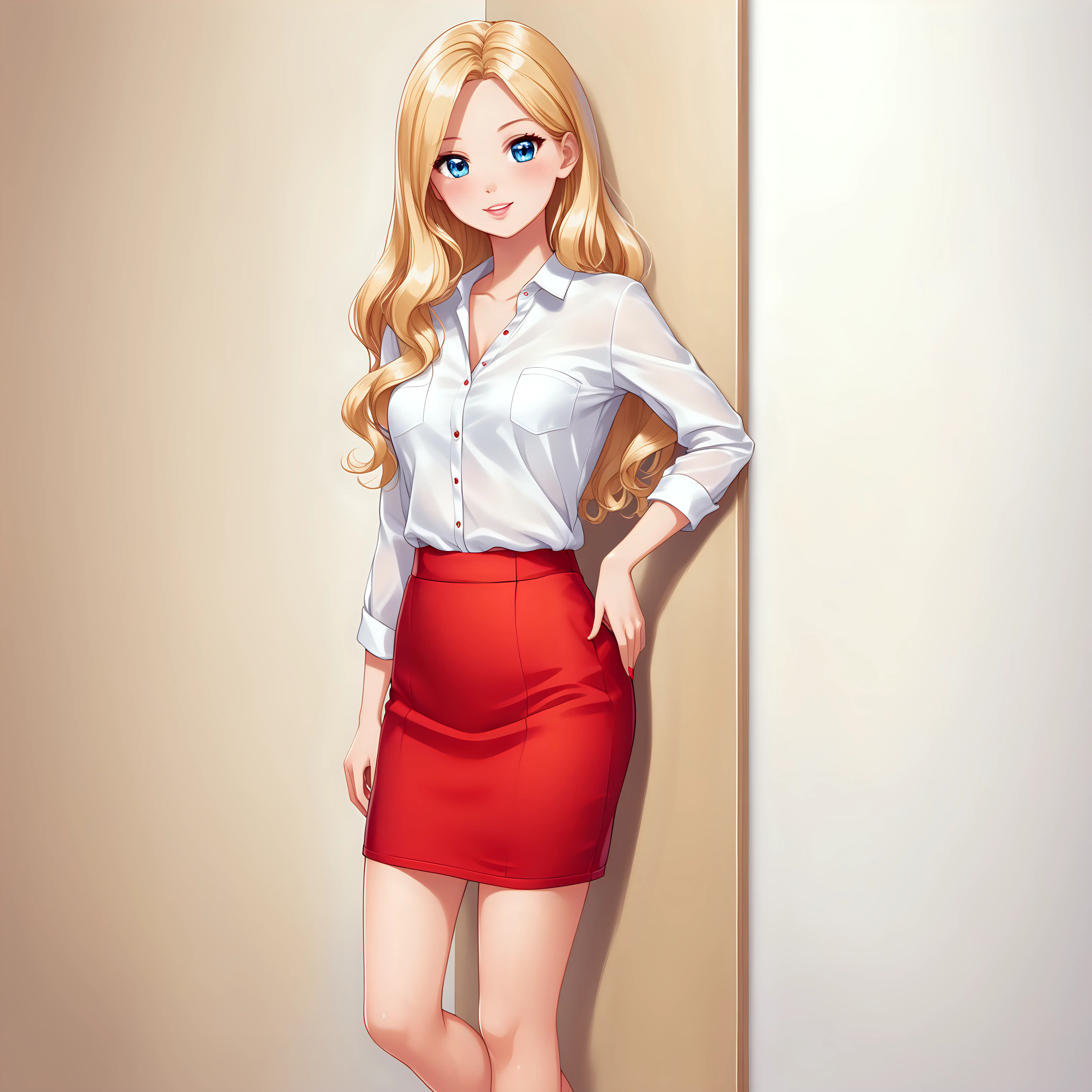 Elegant Blonde Barbie Doll Leaning Against Wall in Silk Shirt and Red Skirt