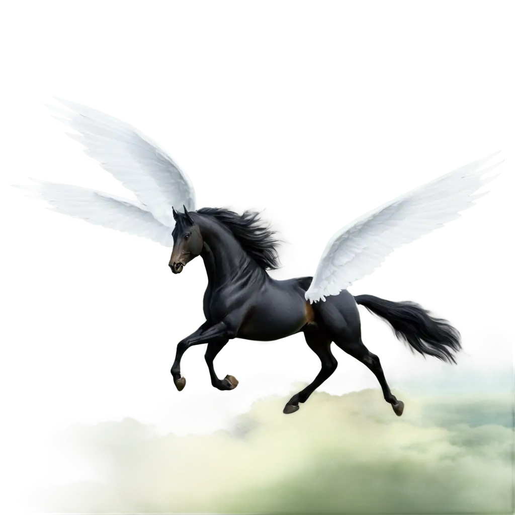 black horse with white wings flies above green clouds