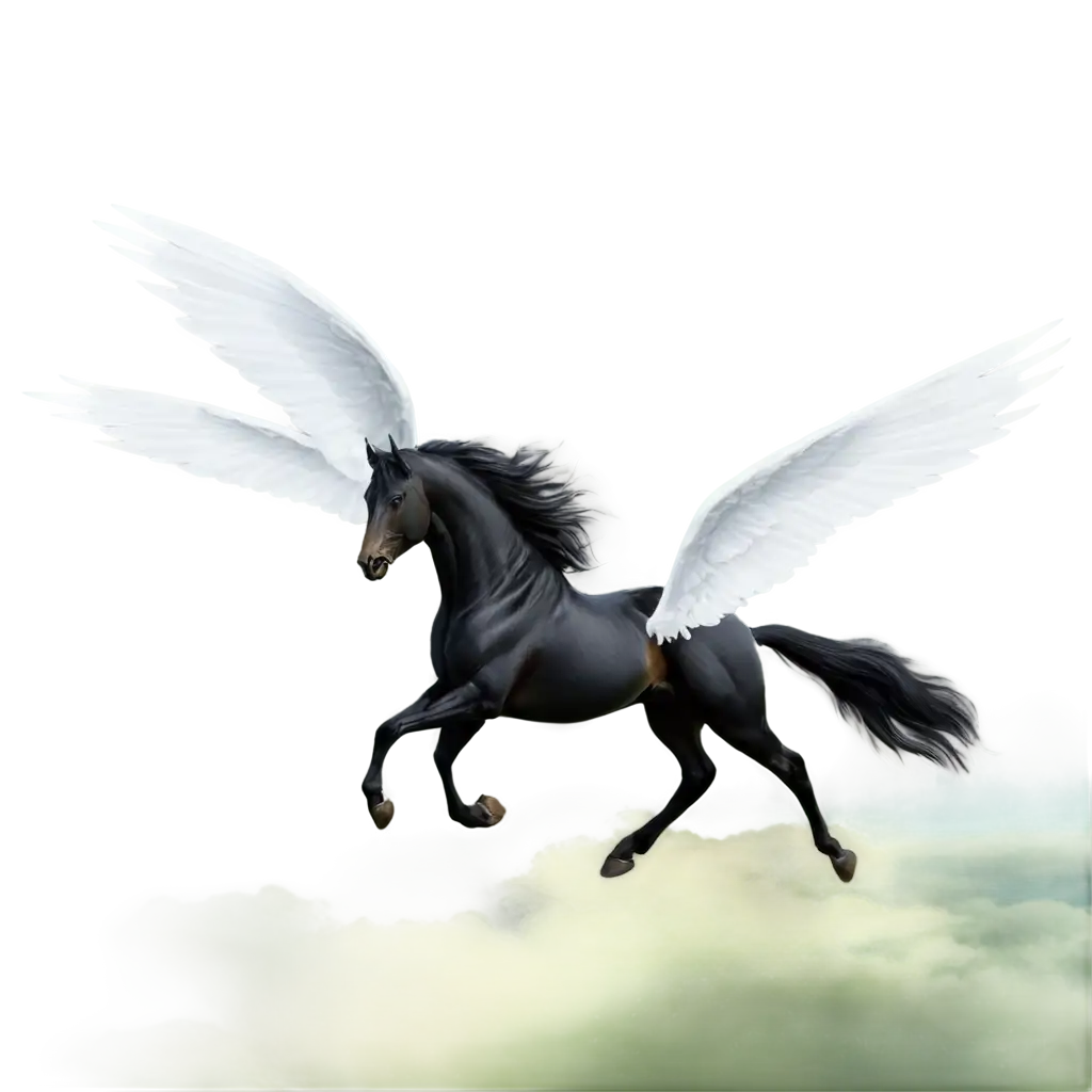 Black Horse with White Wings Soaring Above Green Clouds Captivating PNG ...