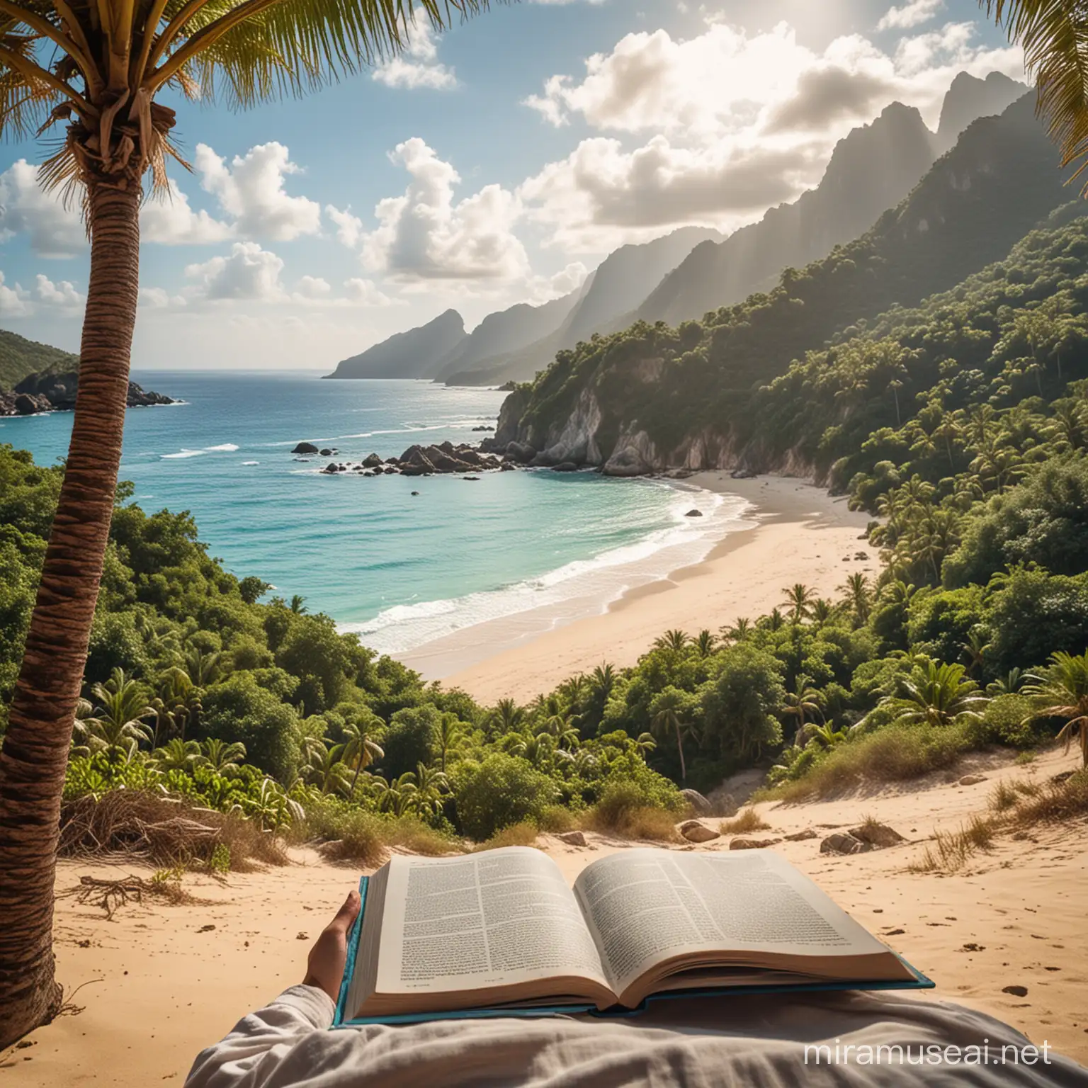 Una imagen de una persona leyendo un libro en un lugar exótico, como en una playa paradisíaca o en medio de un paisaje montañoso impresionante.