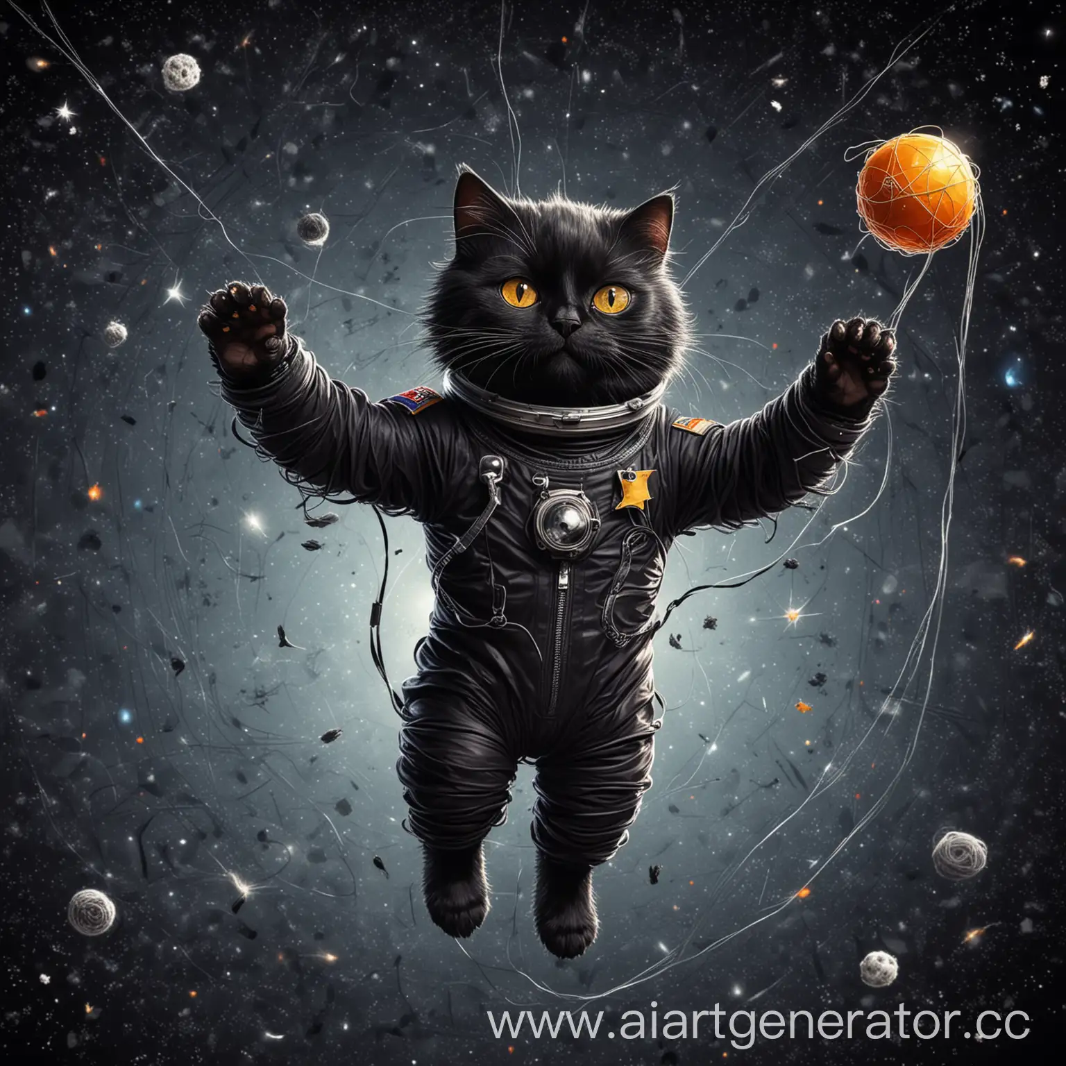 Cartoon-Black-Cat-Floating-in-Weightlessness-in-Spacesuit-Chasing-Thread-Ball