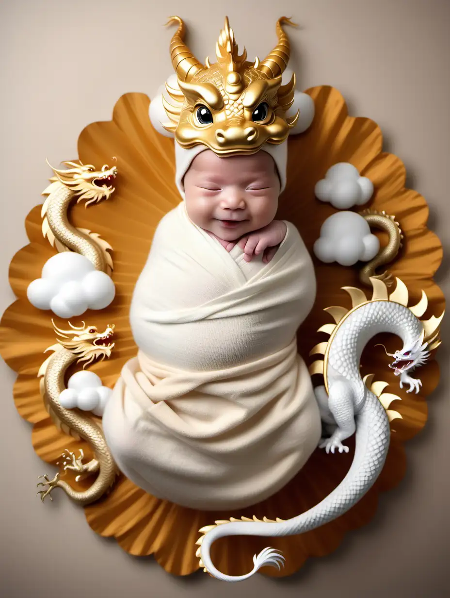 chinese dragon wrapped newborn baby smiling  fantasy background with oriental flowers clouds and chinese dragon tail clean gold white neutrals boy with dragon hat
