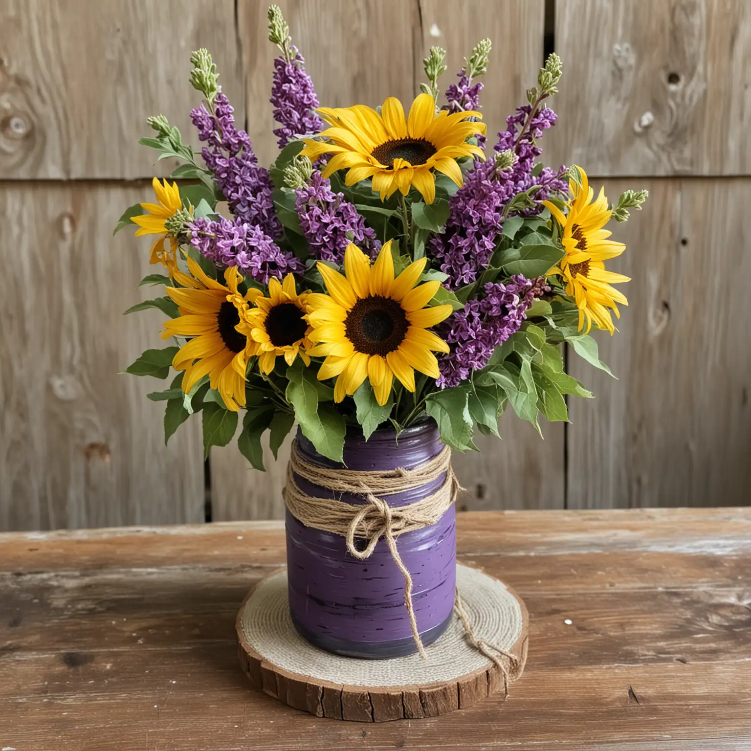 a simple and small worn, rustic centerpiece for a wedding with a rustic and work vase painted distressed purple with a few layers of twine tied around it and filled with sunflowers and lilacs