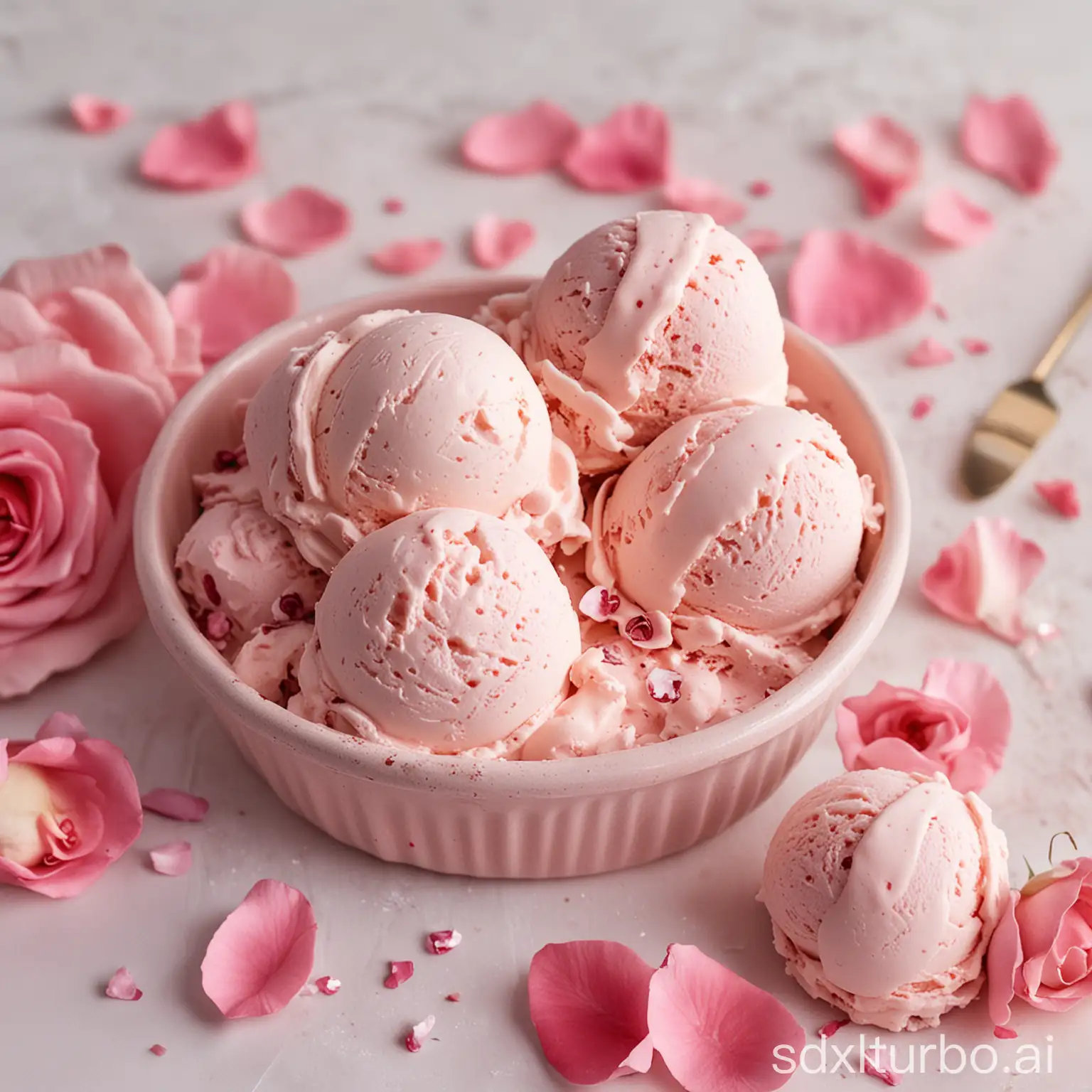 浅粉色的冰淇淋上轻轻散落着片片鲜艳的玫瑰花瓣，不仅色彩柔和美丽，还散发着淡淡的玫瑰香气。每一勺都融合了冰淇淋的甜与玫瑰的雅，仿佛在品尝一个浪漫的故事。
