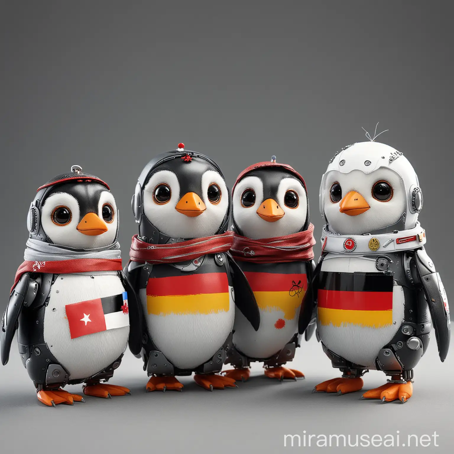 3 cute robot penguins, each dressed as Türkiye and Germany, France
