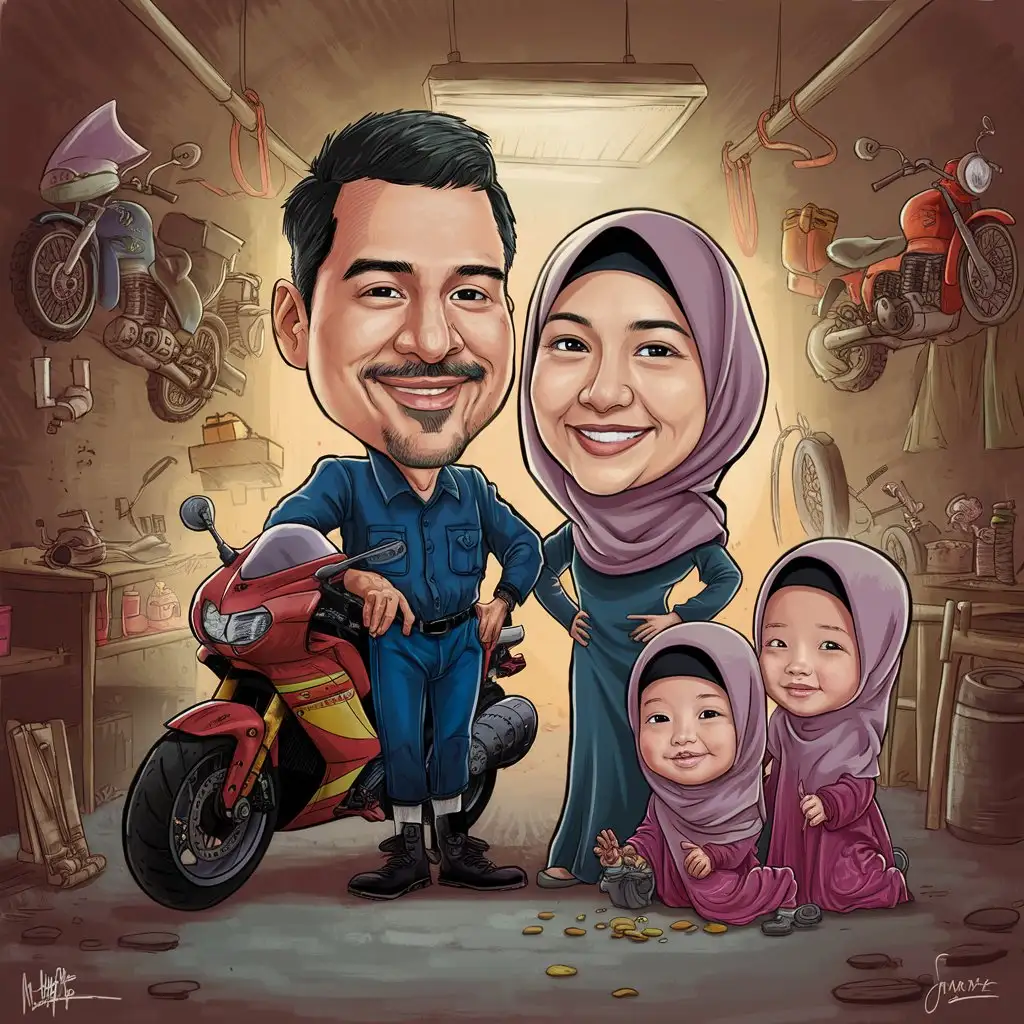 Karikatur keluarga ayah berprofesi montir sepeda motor, istri berhijab dan dua anak perempuan berhijab dengan background bengkel sepeda motor