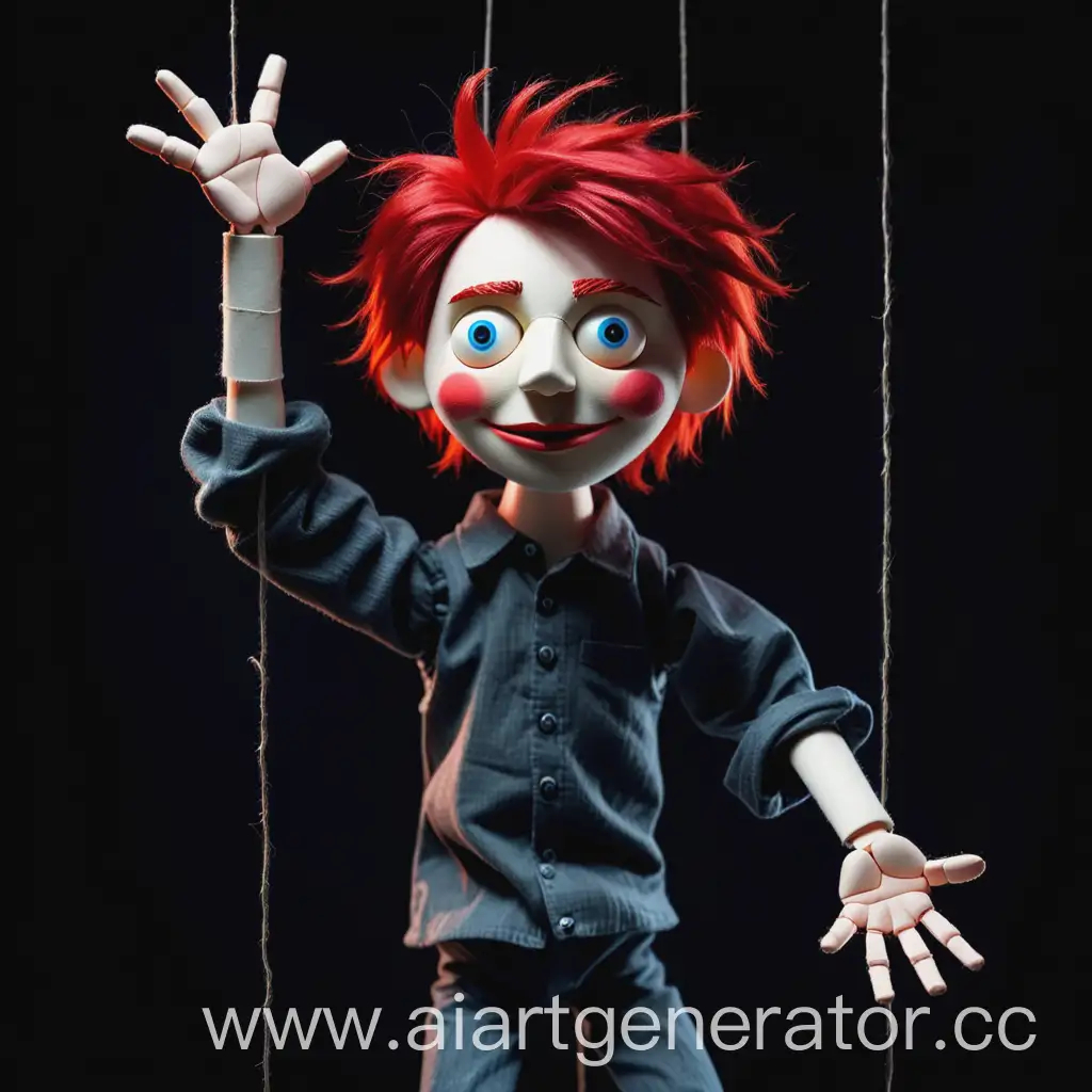 Young guy puppet. Threads stretch upward from his arms and legs. He has empty eyes, but bright red hair. There is darkness and night around him.