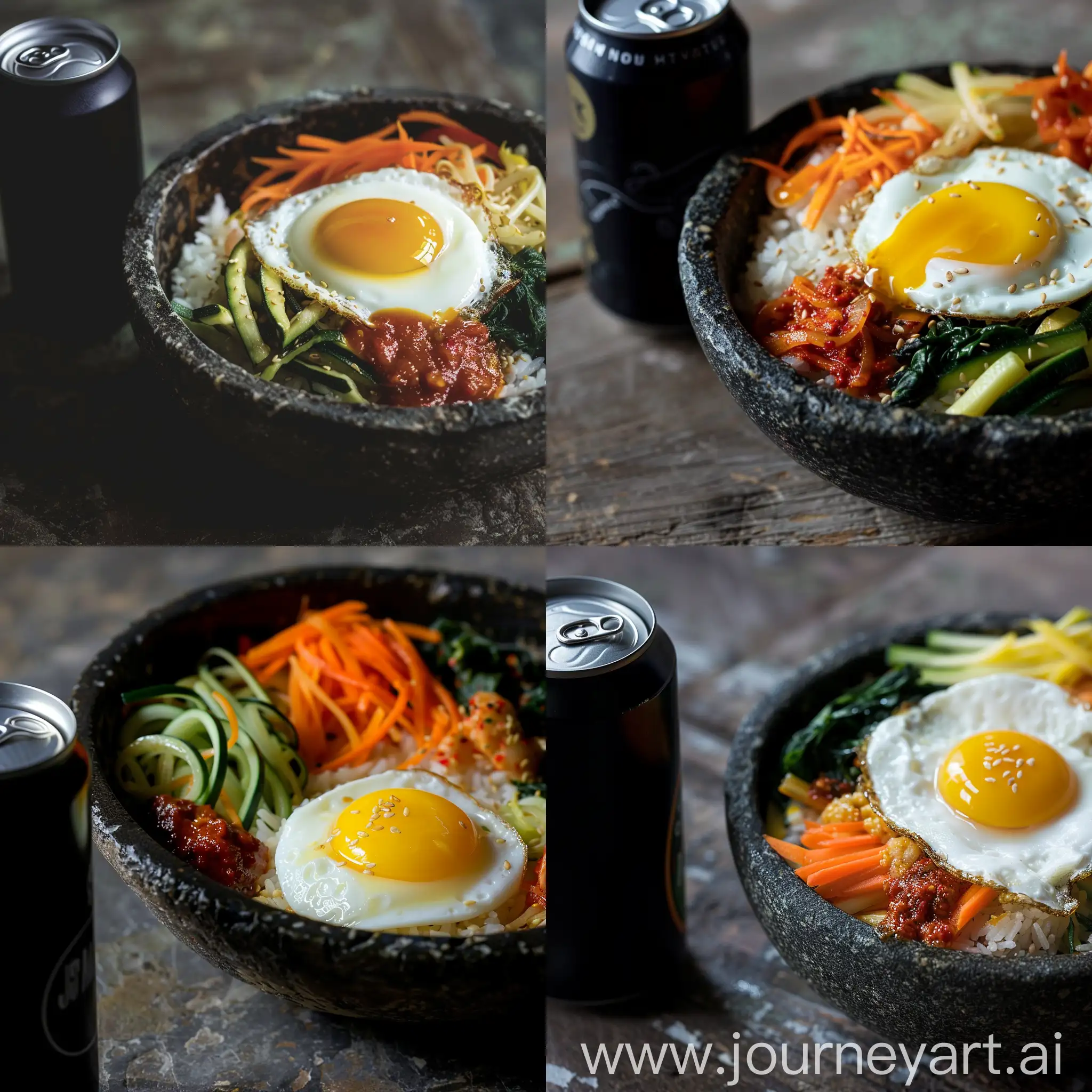 Rustic-Kitchen-Table-Setting-Bibimbap-and-Soft-Drink-Can