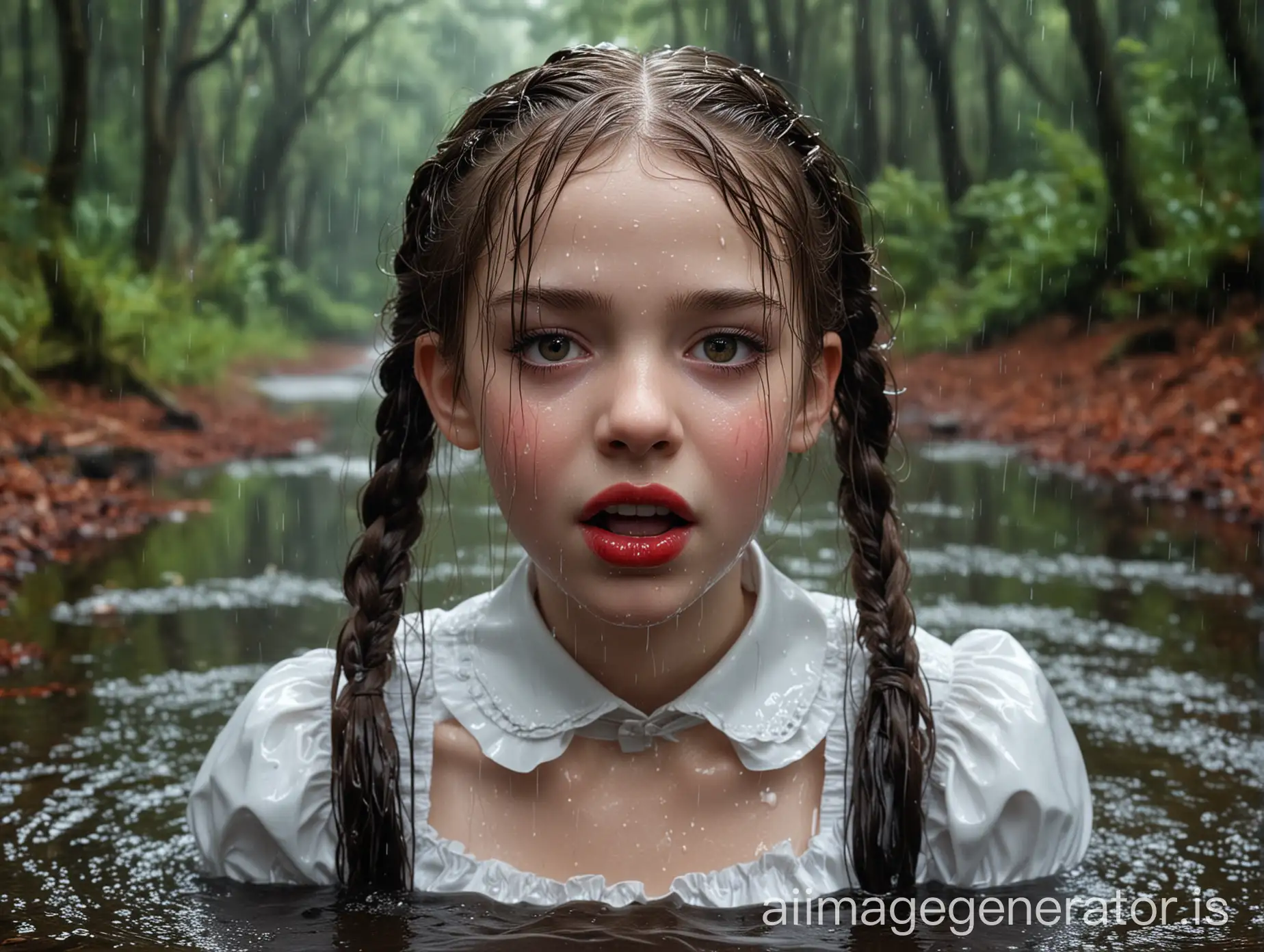 Hyperrealistic-French-Girl-Bathing-in-Forest-Lake-During-Rain