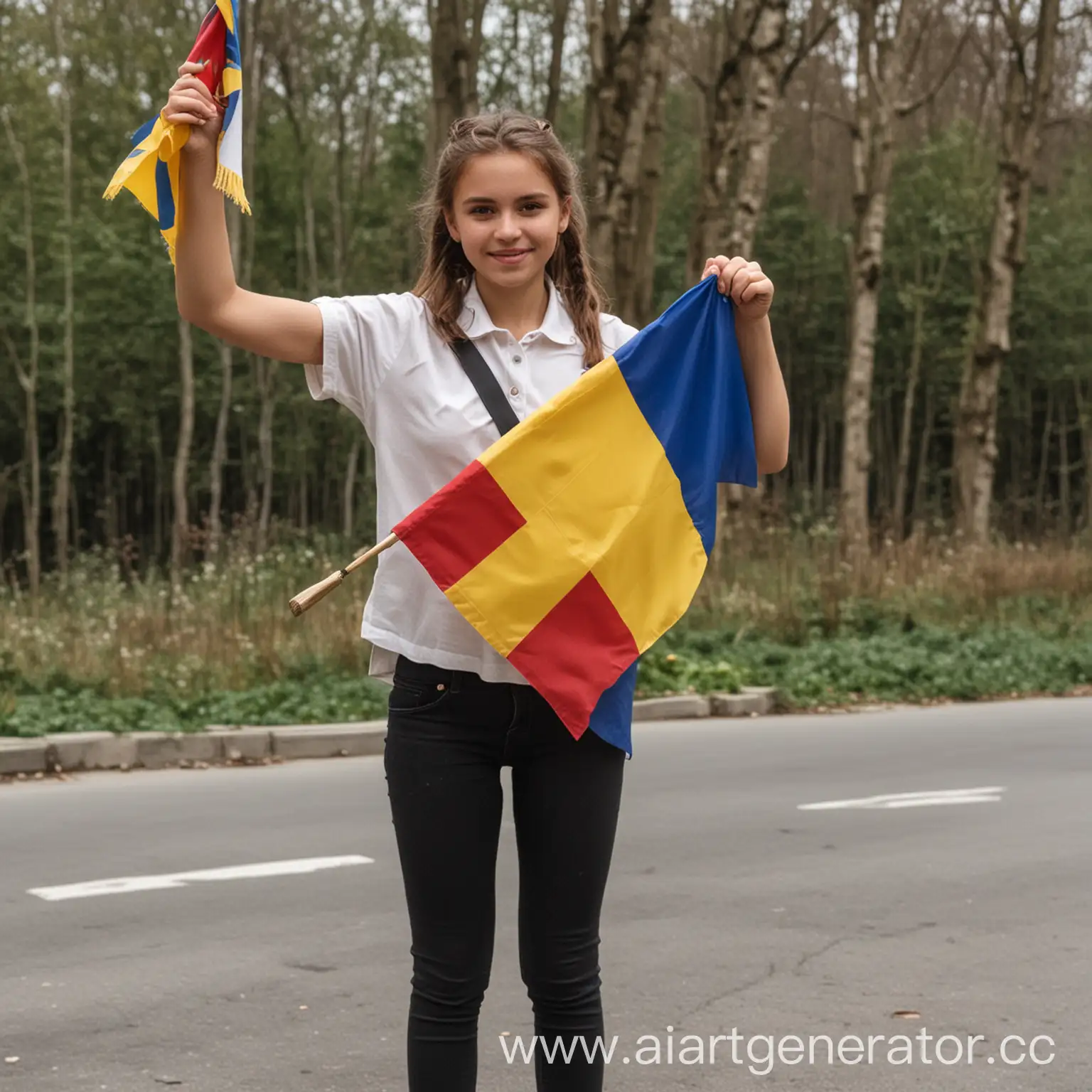 девушка курьер держит румынский флаг