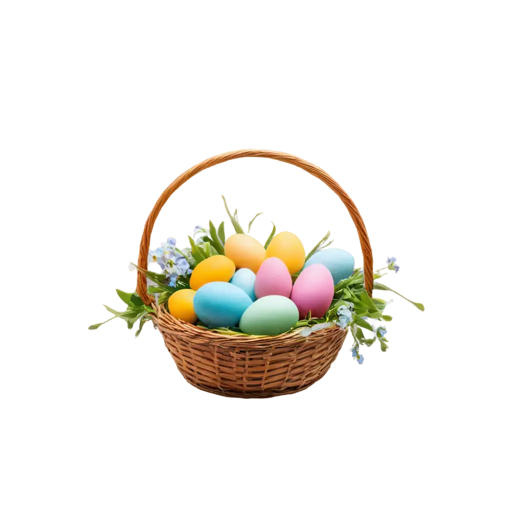 in a wicker basket Easter cousin and eggs painted in bright colors, delicate spring flowers, Easter holiday