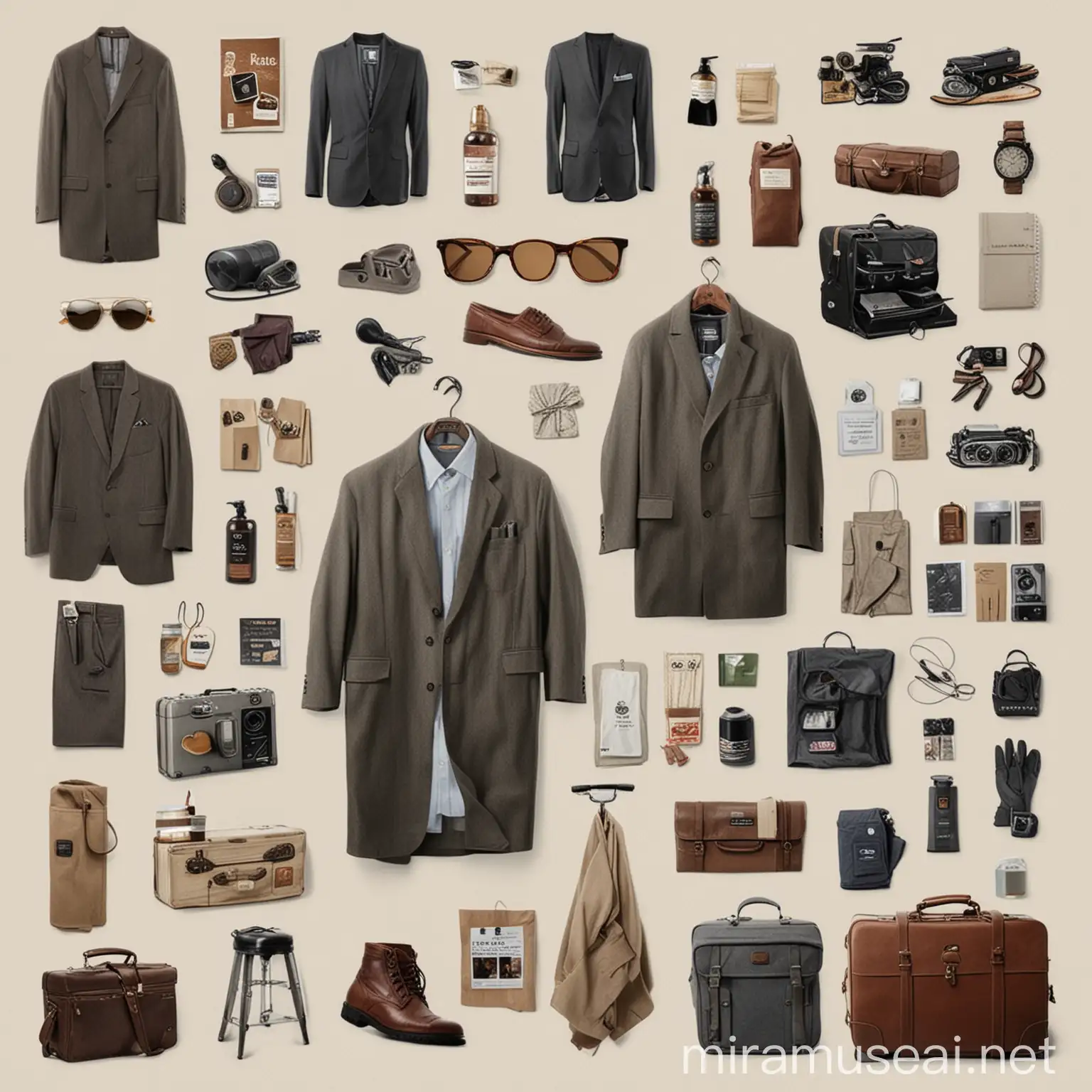 Create a mood board which includes product examples, middle aged men (25-40) years old and the environment images. Also, it should include luggage products and also office products. Moreover, there should be travel steam iron product photos too. Create a mood board about these phtoos.